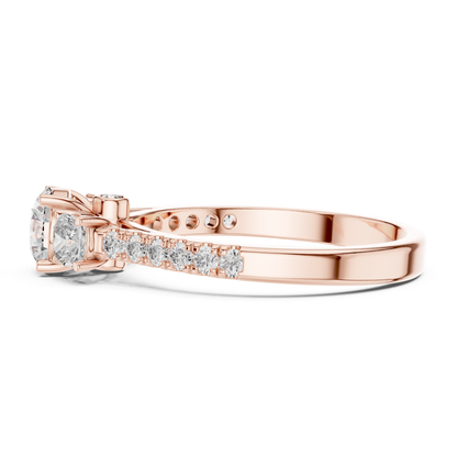 Rose gold round three stone diamond ring profile view
Profile view rose gold round diamond ring design
Rose gold three stone diamond ring side profile
Round diamond rose gold ring profile angle
Rose gold diamond ring with pavé band profile
Profile angle rose gold engagement ring design
Rose gold polished diamond ring profile view
Round three stone rose gold ring side detail
Rose gold diamond ring gallery profile view
Slim rose gold round diamond ring profile