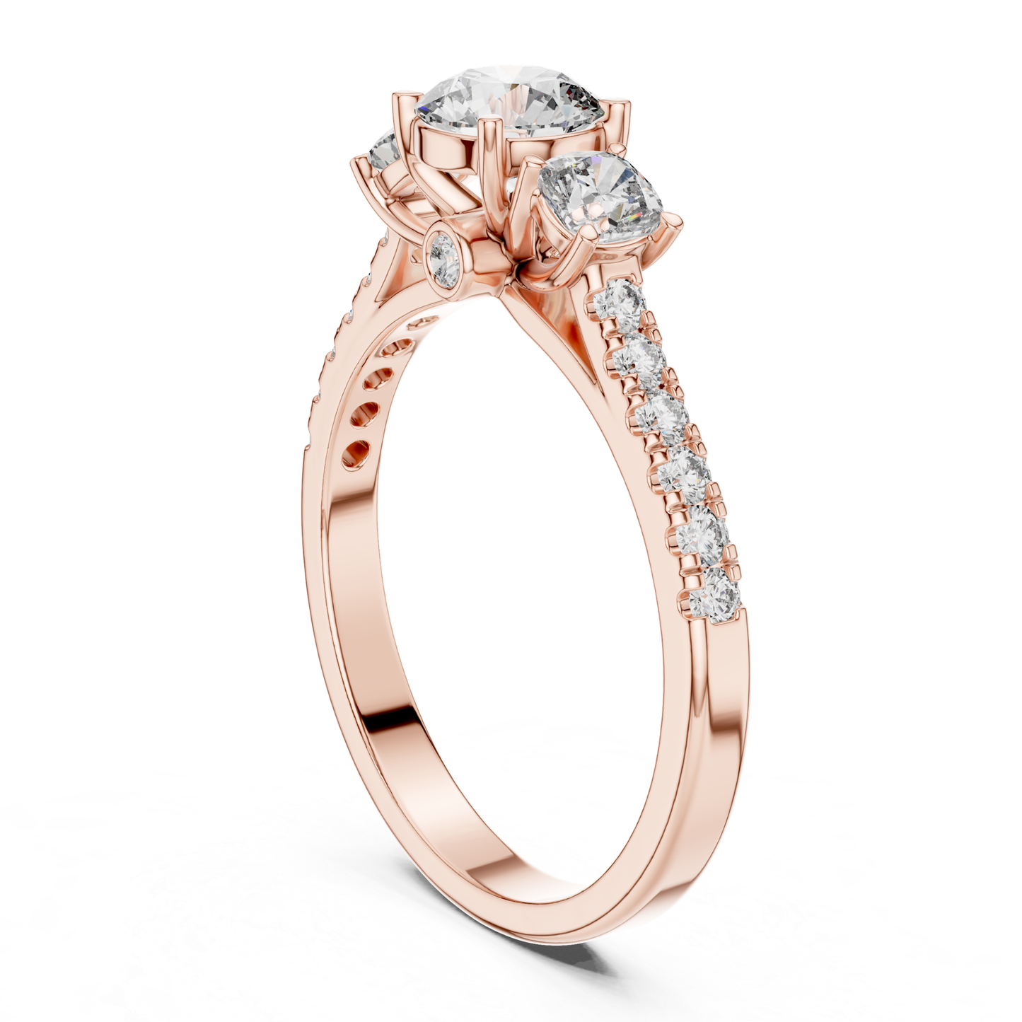 Rose gold round three stone diamond ring rear perspective
Rear perspective rose gold diamond ring design
Rose gold three stone diamond ring back angle
Round diamond rose gold ring rear profile view
Rose gold diamond ring with pavé band detail
Rear angle rose gold engagement ring setting
Rose gold polished band with side diamonds
Three stone rose gold diamond ring rear view
Rose gold ring with open gallery design
Round diamond rose gold ring back perspective