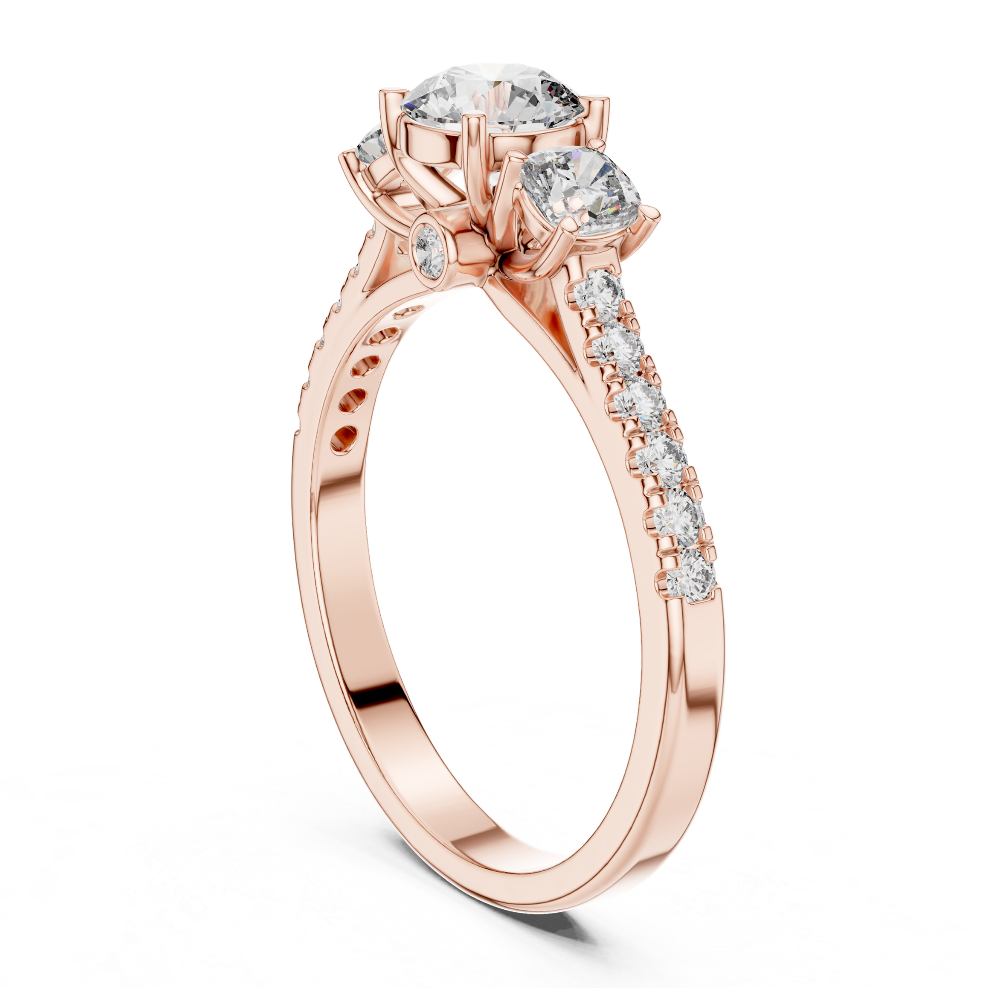 Rose gold round three stone diamond ring rear perspective
Rear perspective rose gold diamond ring design
Rose gold three stone diamond ring back angle
Round diamond rose gold ring rear profile view
Rose gold diamond ring with pavé band detail
Rear angle rose gold engagement ring setting
Rose gold polished band with side diamonds
Three stone rose gold diamond ring rear view
Rose gold ring with open gallery design
Round diamond rose gold ring back perspective