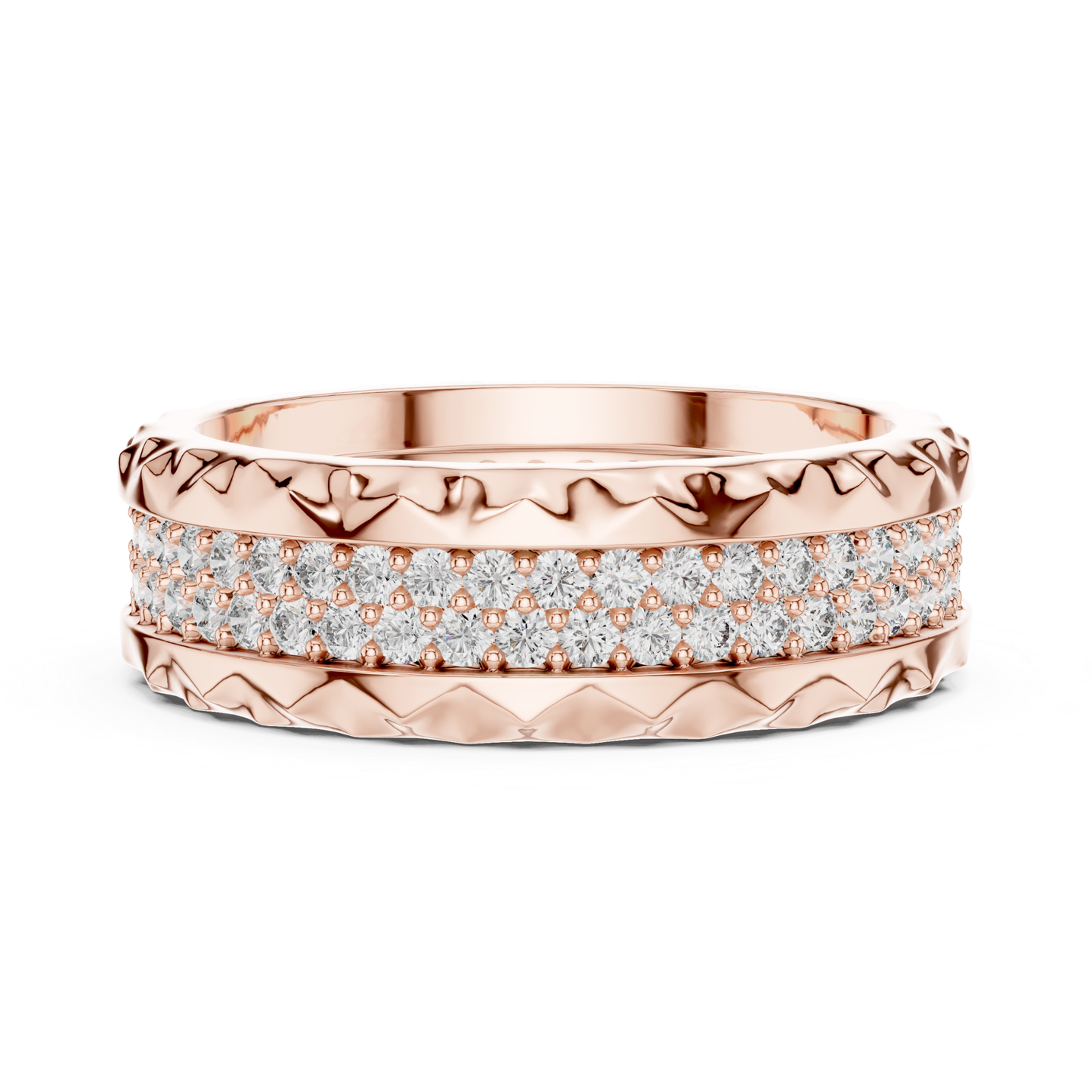 Rose gold textured eternity ring with double diamond rows
Round diamond band in polished rose gold
Rose gold ring with layered pave diamond setting
Modern rose gold eternity band with round diamond
Double row diamond ring with carved rose gold
Luxury rose gold band with sparkling diamond rows
Wide rose gold diamond ring with textured pattern
Elegant rose gold eternity band with pave diamond
Rose gold anniversary ring with round cut diamond
Rose gold diamond band with detailed texture