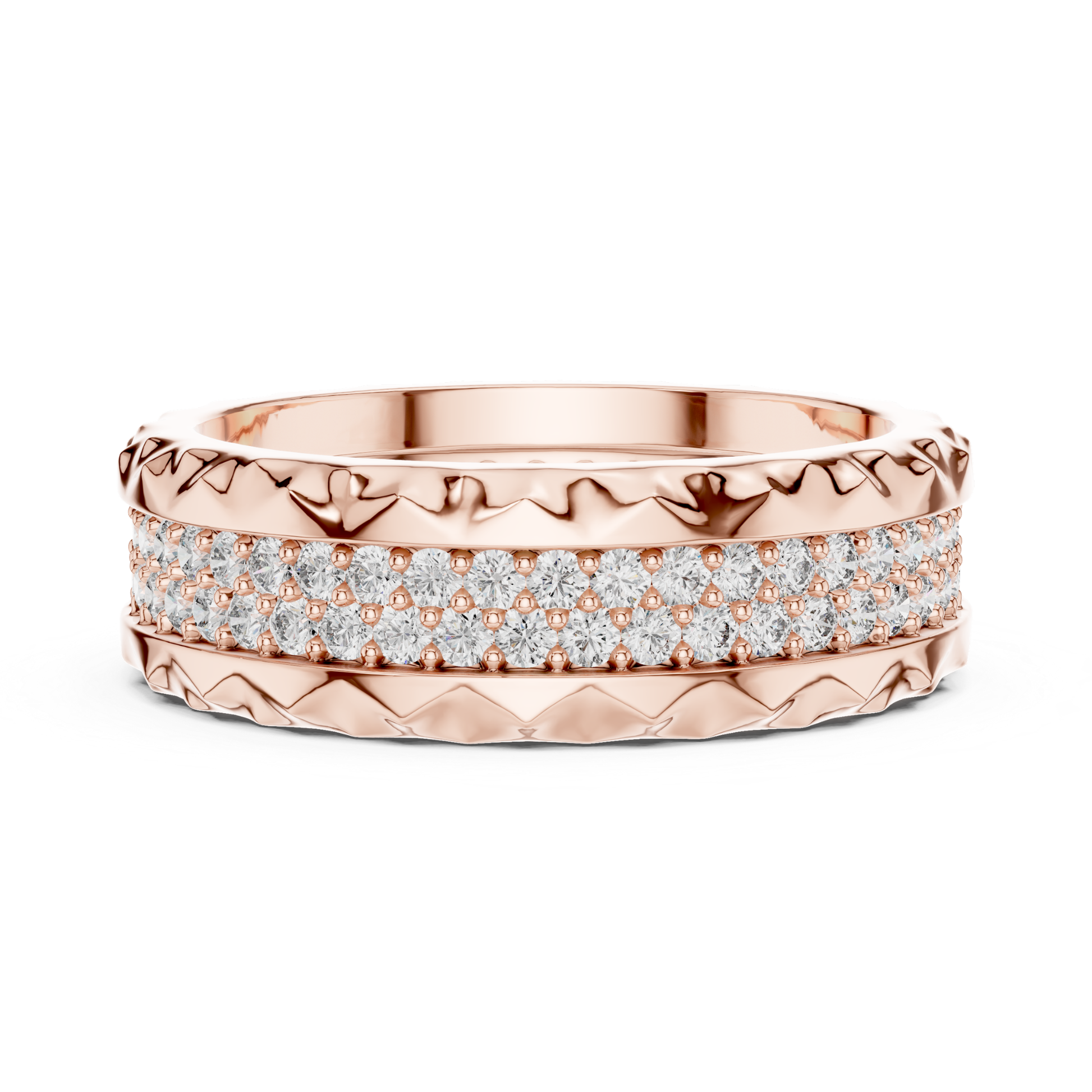 Rose gold textured eternity ring with double diamond rows
Round diamond band in polished rose gold
Rose gold ring with layered pave diamond setting
Modern rose gold eternity band with round diamond
Double row diamond ring with carved rose gold
Luxury rose gold band with sparkling diamond rows
Wide rose gold diamond ring with textured pattern
Elegant rose gold eternity band with pave diamond
Rose gold anniversary ring with round cut diamond
Rose gold diamond band with detailed texture