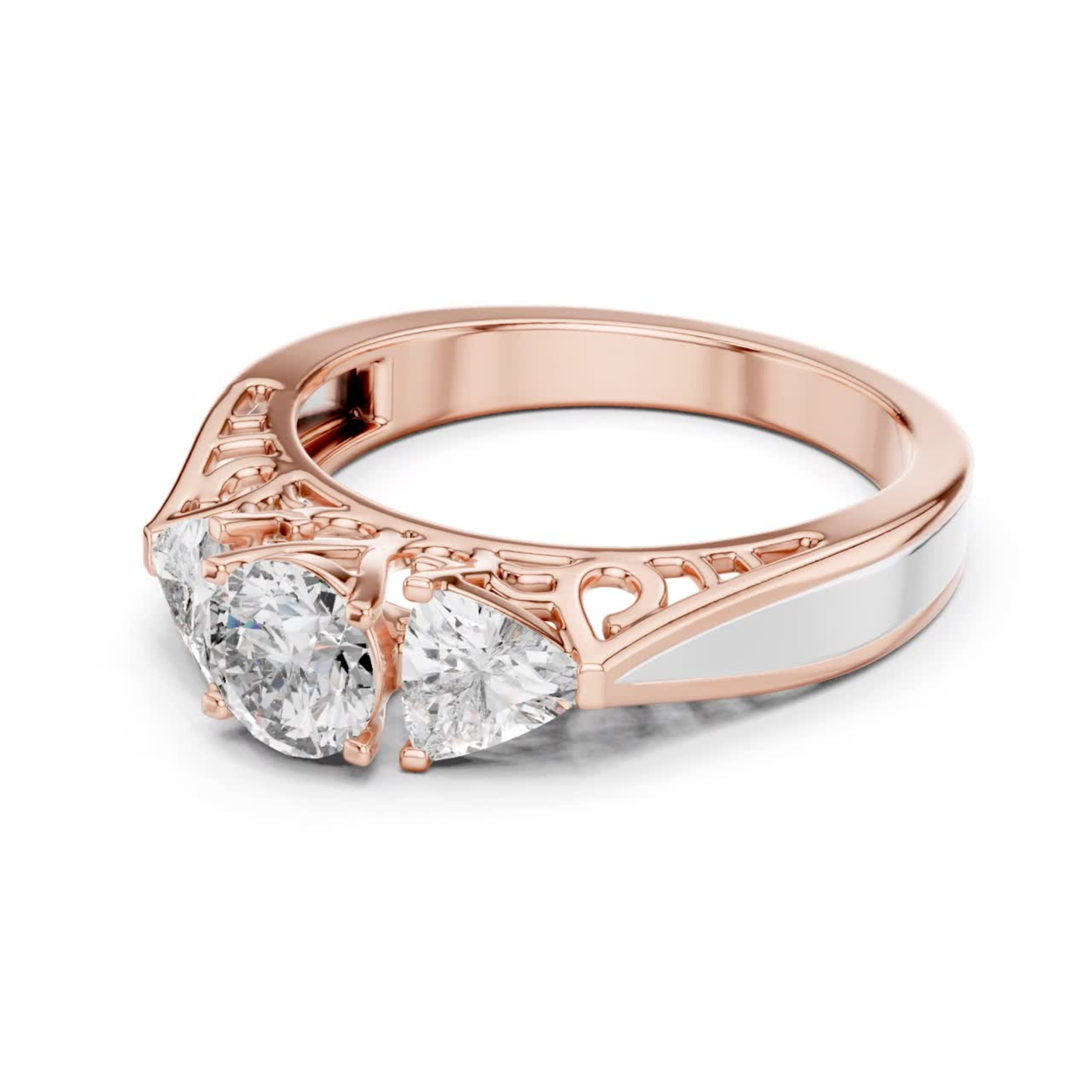 Rose gold three stone diamond ring with filigree band
Round and trillion diamond three stone rose gold ring
Three stone diamond ring with open gallery design
Rose gold ring with round center diamond
Filigree gallery three stone diamond engagement ring
Rose gold ring featuring round and trillion cut diamonds
Elegant three stone diamond ring in rose gold
Classic rose gold diamond ring with detailed gallery
Three diamond rose gold ring with polished band
Rose gold engagement ring with three diamond setting