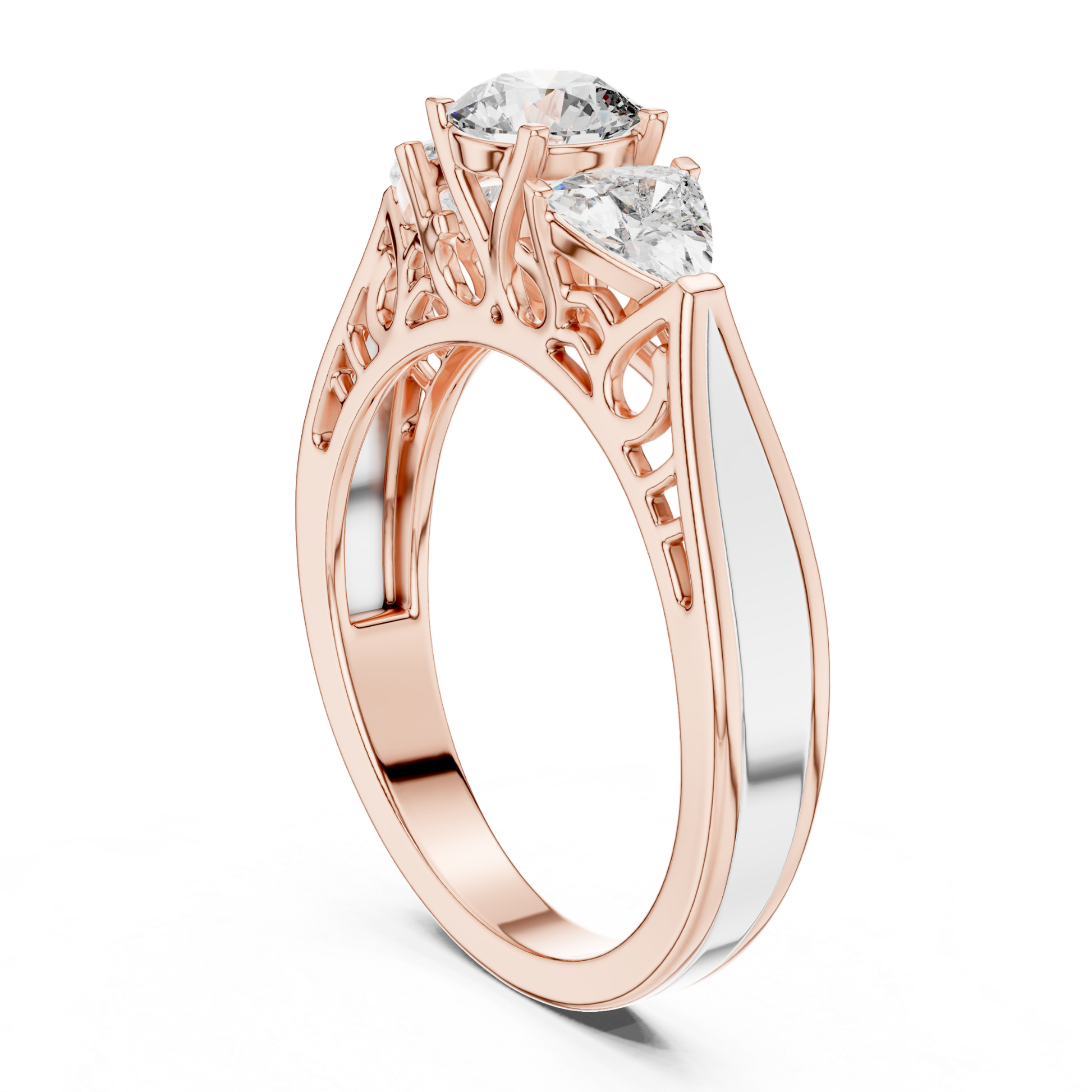 Rose gold three stone diamond ring gallery view
Rose gold ring with round and trillion diamonds
Three stone diamond ring with filigree gallery
Rose gold diamond ring side gallery
Open gallery three stone diamond ring
Rose gold ring with raised diamond setting
Filigree gallery rose gold diamond ring
Three stone engagement ring in rose gold
Rose gold ring with polished band
Three stone diamond ring with openwork gallery