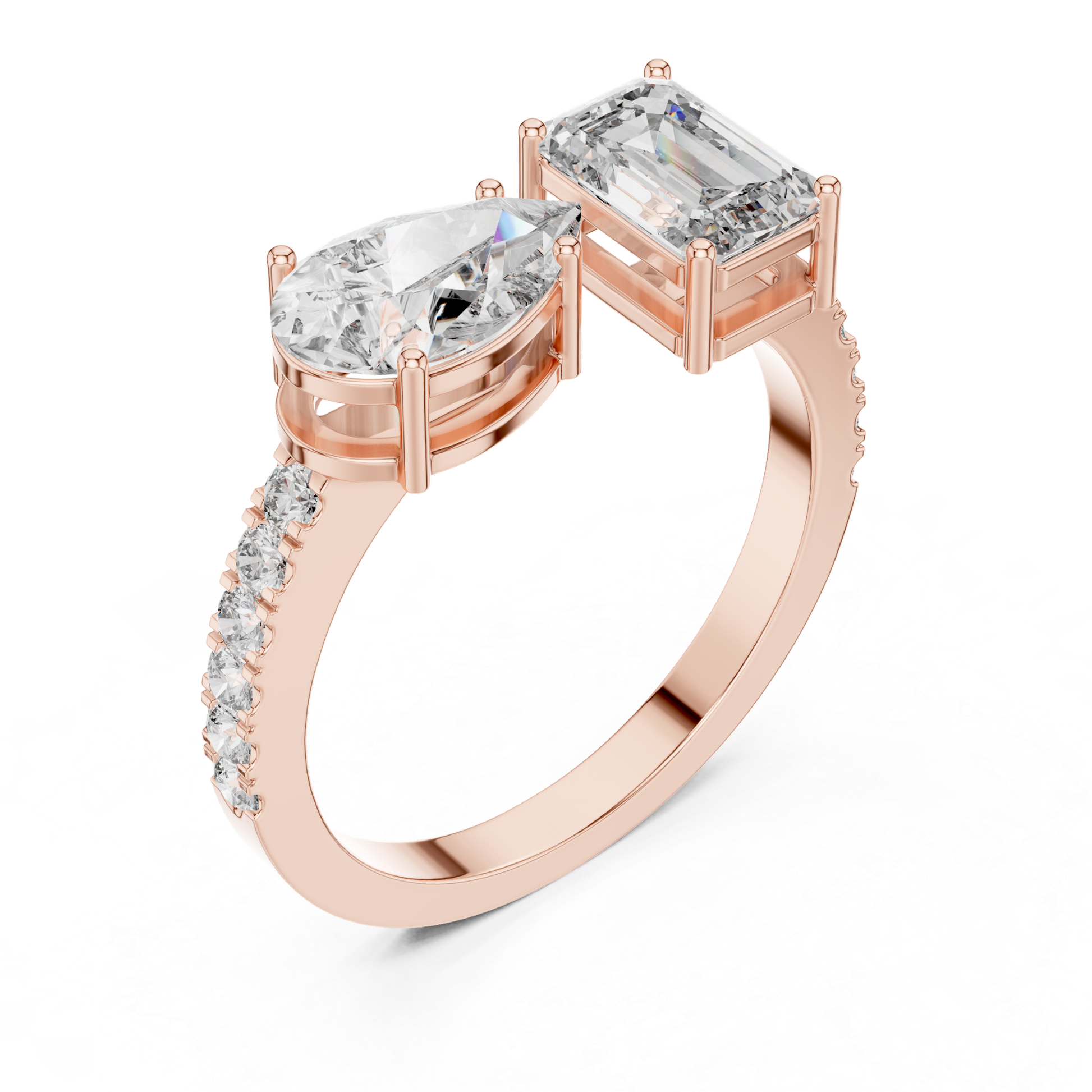 Rose gold toi et moi diamond ring angled view
Angled view of rose gold toi et moi ring
Rose gold emerald cut and pear diamond ring
Pear and emerald cut diamond ring in rose gold
Rose gold two stone diamond engagement ring
Rose gold dual diamond ring angled profile
Toi et moi ring with pear and emerald diamonds
Rose gold bypass ring with two diamonds
Rose gold pear and emerald diamond ring
Rose gold modern toi et moi diamond ring