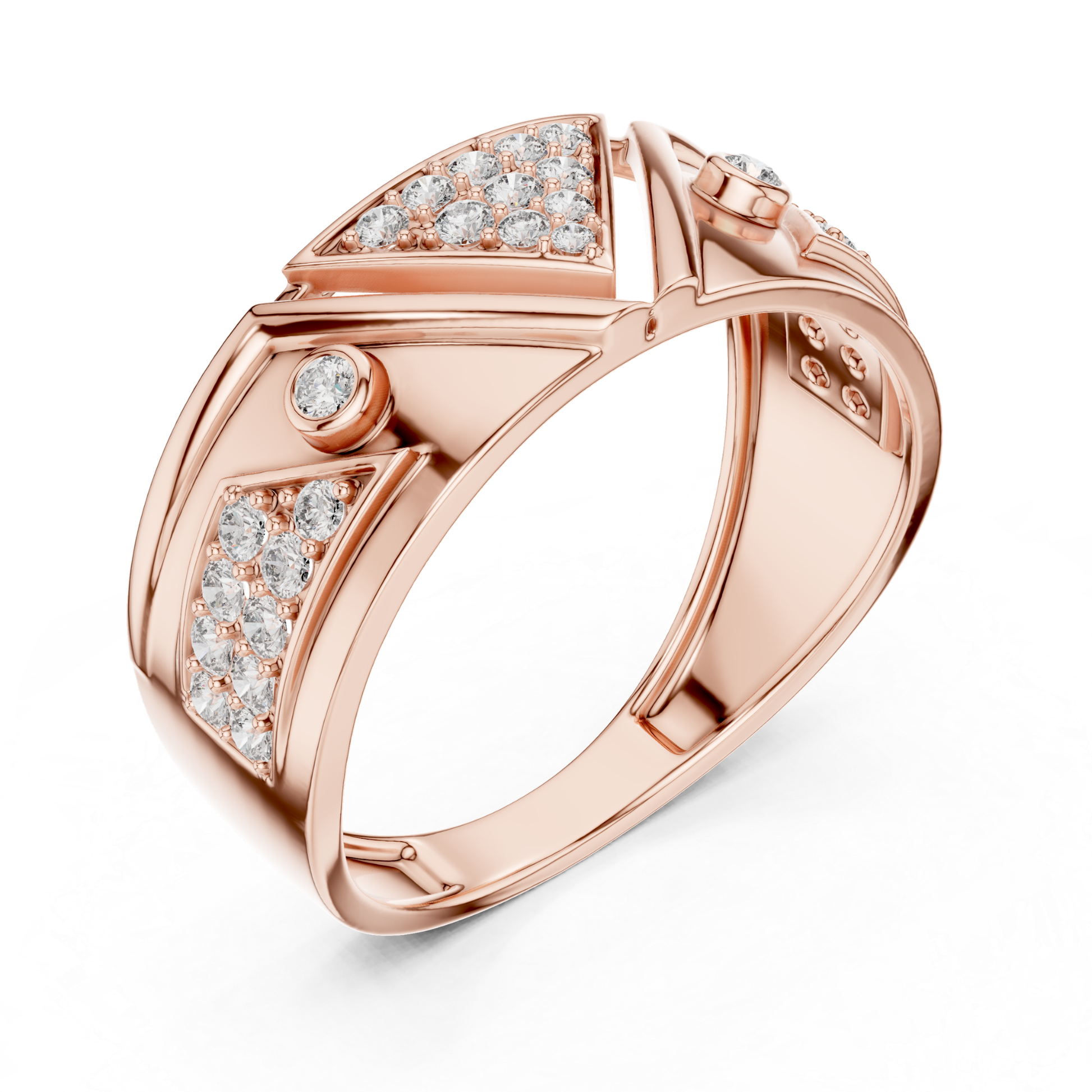 Rose gold triangle geometric diamond ring design
Modern rose gold angular diamond statement ring
Rose gold abstract triangle cluster diamond ring
Contemporary rose gold geometric fashion band ring
Rose gold wide band with triangle diamonds
Luxury rose gold architectural diamond ring style
Rose gold polished geometric statement band ring
Bold rose gold triangle diamond fashion ring
Elegant rose gold abstract geometric ring design
Rose gold modern triangle cluster diamond band