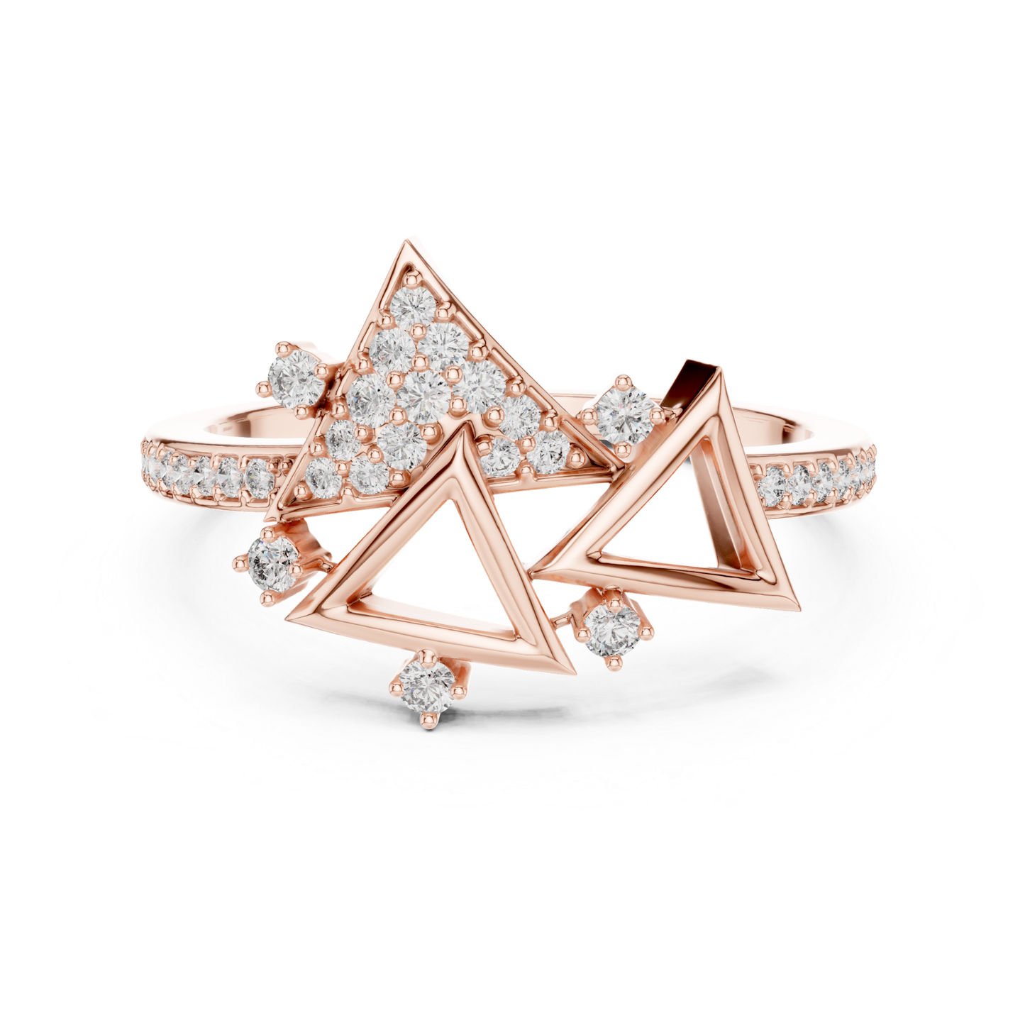 Rose gold triangle diamond ring for women
Elegant rose gold ring with round diamonds
Luxury triangle diamond ring in rose gold
Womens rose gold diamond fashion ring
Designer triangle ring with sparkling diamonds
Premium rose gold geometric diamond ring
Stylish rose gold triangle ring design
Fine jewelry triangle ring with round diamonds
Glamorous rose gold diamond statement ring
Rose gold ring with modern triangle design