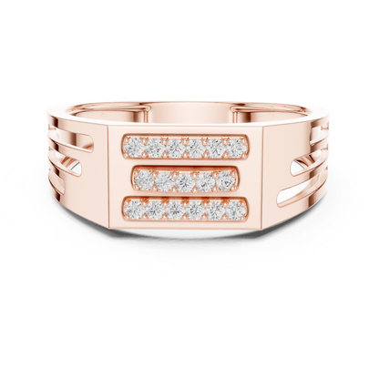 Rose gold triple row diamond bar ring front view
Modern rose gold ring with three diamond rows
Wide rose gold band featuring round diamonds
Geometric rose gold diamond statement ring
Contemporary rose gold bar design diamond ring
Round diamond triple line ring in rose gold
Bold rose gold diamond band with clean lines
Rose gold rectangular top ring with diamonds
Luxury rose gold wide band diamond ring
Polished rose gold ring with three diamond channels