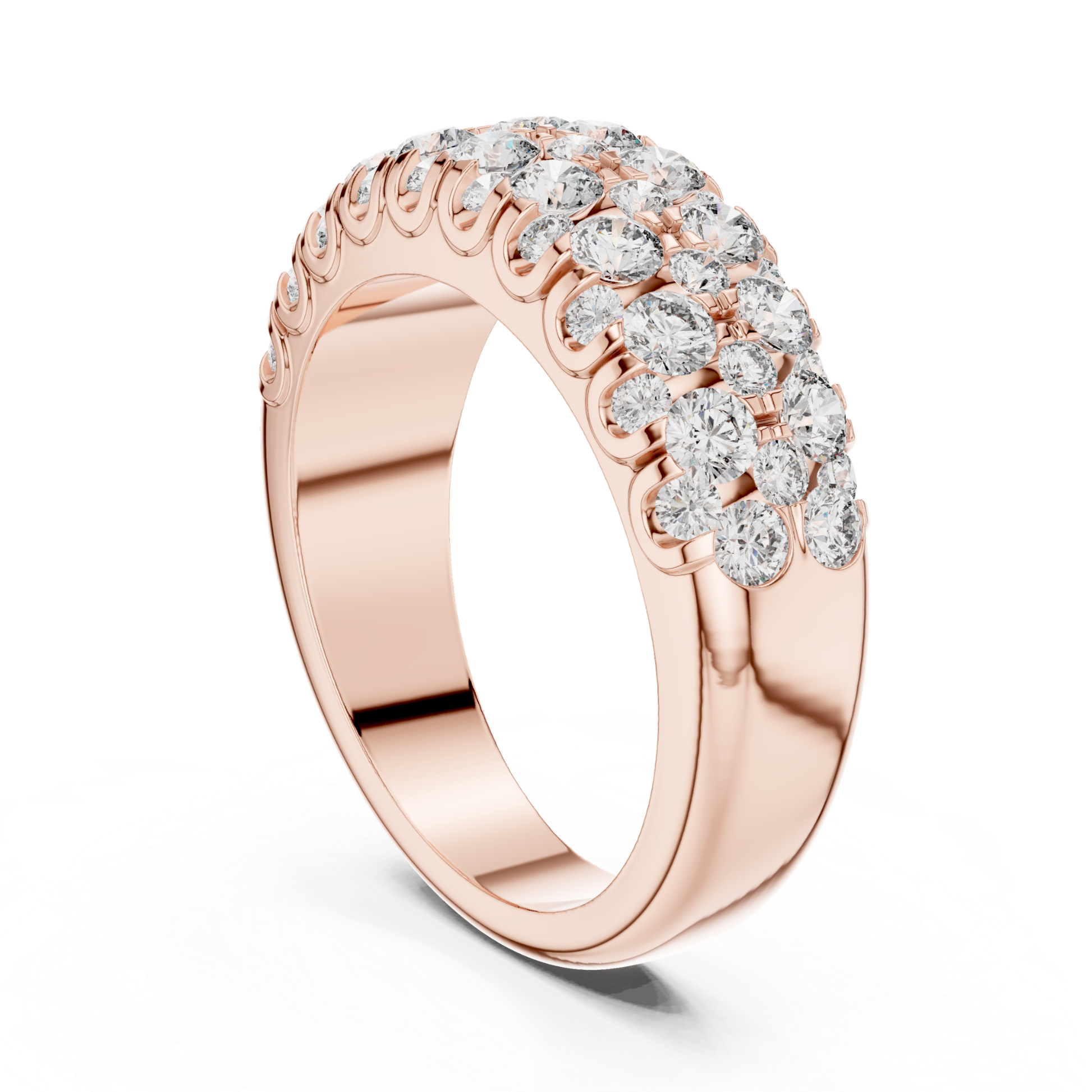 Vertical view rose gold multi row diamond band ring
Rose gold round diamond band ring upright angle view
Rose gold diamond ring vertical perspective
Multi row rose gold diamond ring with upright display
Rose gold luxury diamond band with vertical profile
Rose gold Pave diamond band ring vertical view
Wide rose gold anniversary band with round diamonds
Upright rose gold multi diamond fashion ring
Rose gold layered diamond band with standing angle
Bold rose gold round diamond ring vertical display