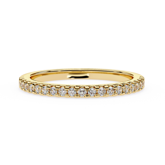 Round cut diamond band in yellow gold prong style