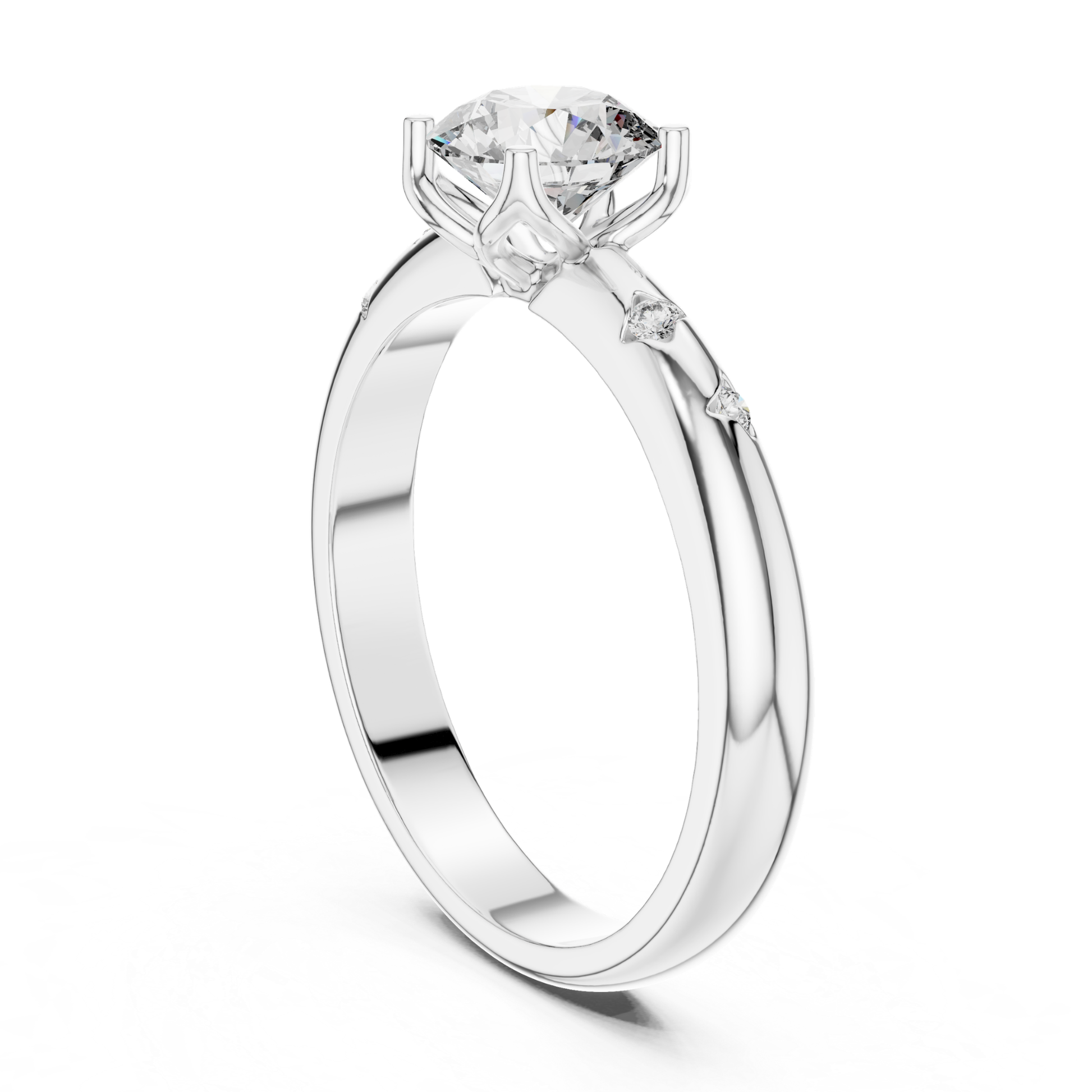 White gold round diamond engagement ring with accents
White gold solitaire ring with round brilliant diamond
Modern white gold diamond ring with accent stones
Round cut diamond ring in white gold setting
White gold ring with decorative diamond details
Elegant white gold solitaire engagement ring
Fine jewelry white gold diamond ring close up
White gold round diamond ring angled perspective
Polished white gold ring with center diamond
White gold engagement ring with accent diamond band