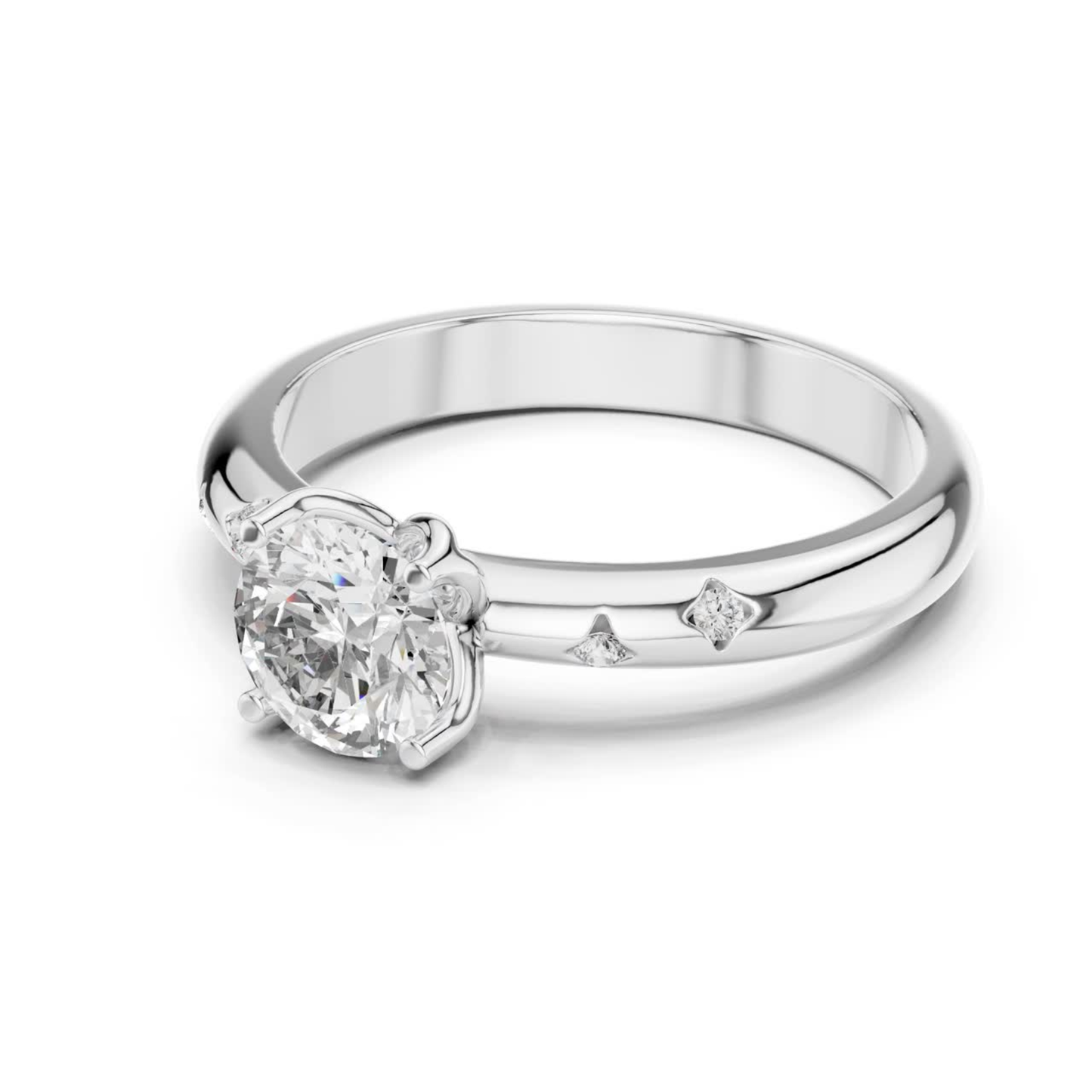 White gold round diamond solitaire ring side view
Side view round cut diamond ring in white gold
White gold solitaire ring with accent diamonds
Round diamond engagement ring side profile
Four prong round diamond ring in white gold
White gold ring with scattered diamond accents
Elegant round diamond solitaire ring side angle
Fine jewelry white gold diamond ring close up
Polished white gold ring with round diamond
White gold solitaire ring with accent stone band