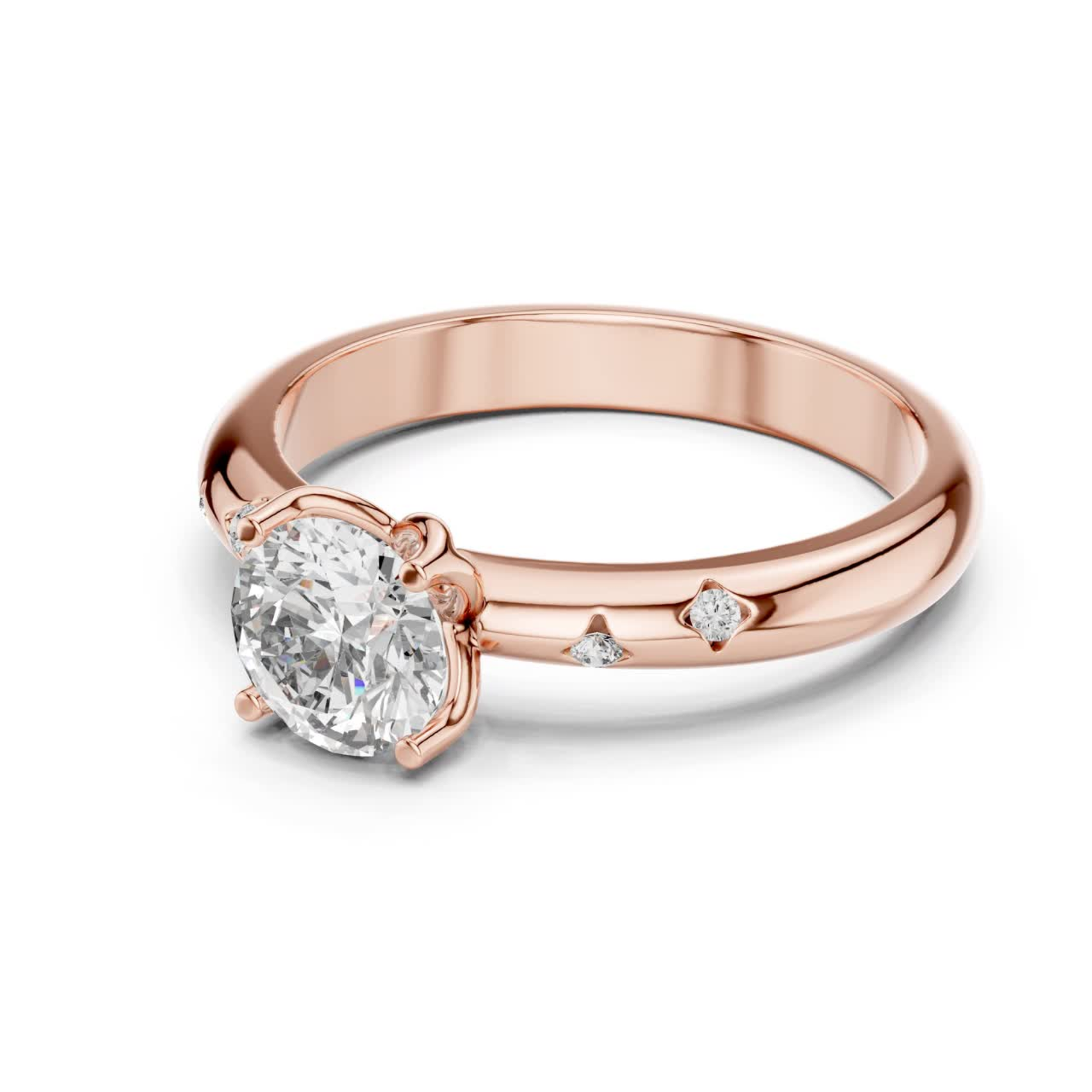 Rose gold round diamond solitaire ring side view
Side view round cut diamond ring in rose gold
Rose gold solitaire ring with accent diamonds
Round diamond engagement ring side profile
Four prong round diamond ring in rose gold
Rose gold ring with scattered diamond accents
Elegant round diamond solitaire ring side angle
Fine jewelry rose gold diamond ring close up
Polished rose gold ring with round diamond
Rose gold solitaire ring with accent stone band