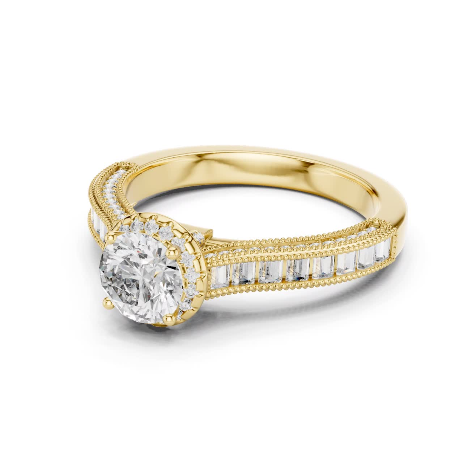 Round diamond baguette halo ring angled view
Yellow gold round diamond baguette halo ring
Angled round brilliant diamond halo ring design
Yellow gold baguette side stone diamond ring
Round diamond halo ring with baguette stones
Lab grown round diamond baguette halo ring
Milgrain halo round diamond engagement ring
Yellow gold halo ring with baguette accents
Classic round diamond baguette halo ring
Round diamond angled view engagement ring