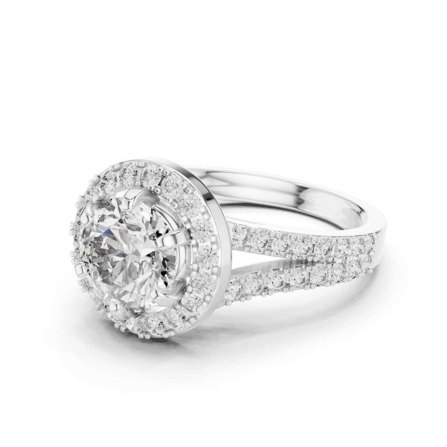Round diamond double halo ring angled view
White gold round diamond double halo ring
Angled round brilliant diamond halo ring
White gold split shank diamond ring
Round diamond halo ring with split band
Lab grown round diamond double halo ring
Milgrain double halo engagement ring design
White gold halo ring with pavé band
Classic round diamond halo engagement ring
Round diamond angled ring white gold