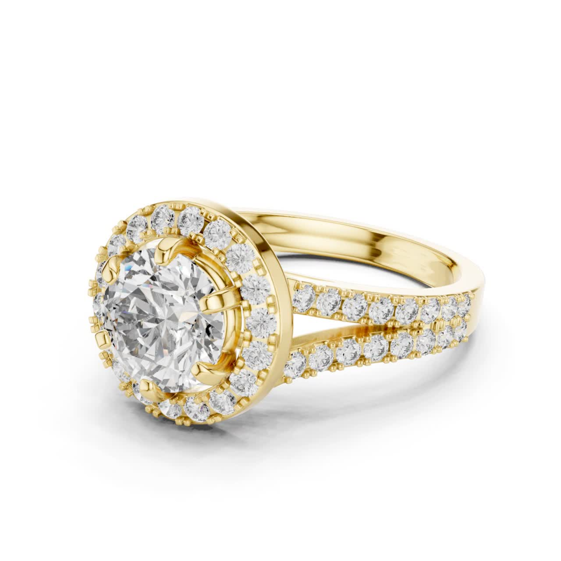 Round diamond double halo ring angled view
Yellow gold round diamond double halo ring
Angled round brilliant diamond halo ring
Yellow gold split shank diamond ring
Round diamond halo ring with split band
Lab grown round diamond double halo ring
Milgrain double halo engagement ring design
Yellow gold halo ring with pavé band
Classic round diamond halo engagement ring
Round diamond angled ring yellow gold