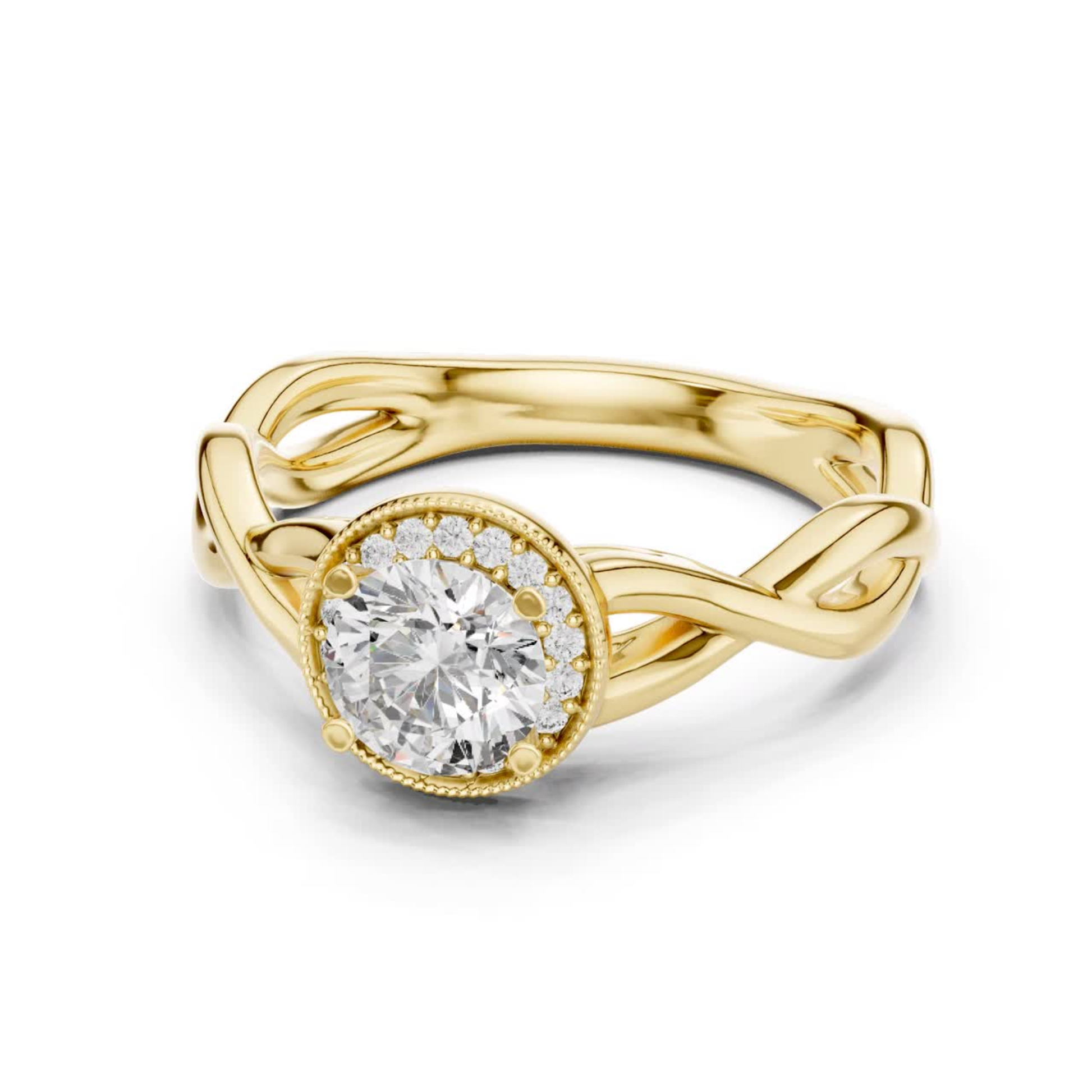 Round diamond halo twist ring angled view
Yellow gold round diamond halo ring
Angled view twist engagement ring
Round diamond milgrain halo ring
Yellow gold twisted band ring
Round brilliant halo diamond ring
Infinity twist diamond engagement ring
Lab grown round diamond halo ring
Polished yellow gold halo ring
Round diamond yellow gold ring angle
