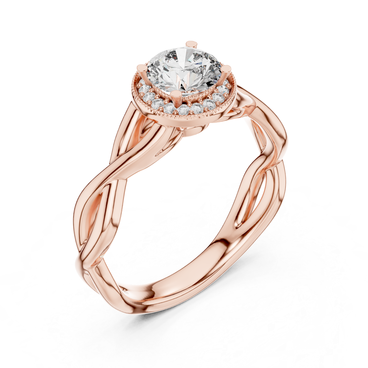 Round diamond halo twist ring perspective view
Rose gold round brilliant halo ring
Angled view lab grown diamond halo ring
Rose gold twisted band engagement ring
Round diamond milgrain halo engagement ring
Infinity twist solitaire diamond ring
Polished rose gold halo diamond ring
Classic round diamond halo engagement ring
Lab grown round diamond twist ring
Rose gold halo ring angled perspective