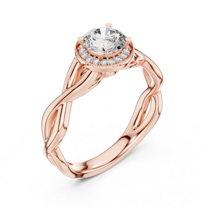 Round diamond halo twist ring perspective view
Rose gold round brilliant halo ring
Angled view lab grown diamond halo ring
Rose gold twisted band engagement ring
Round diamond milgrain halo engagement ring
Infinity twist solitaire diamond ring
Polished rose gold halo diamond ring
Classic round diamond halo engagement ring
Lab grown round diamond twist ring
Rose gold halo ring angled perspective