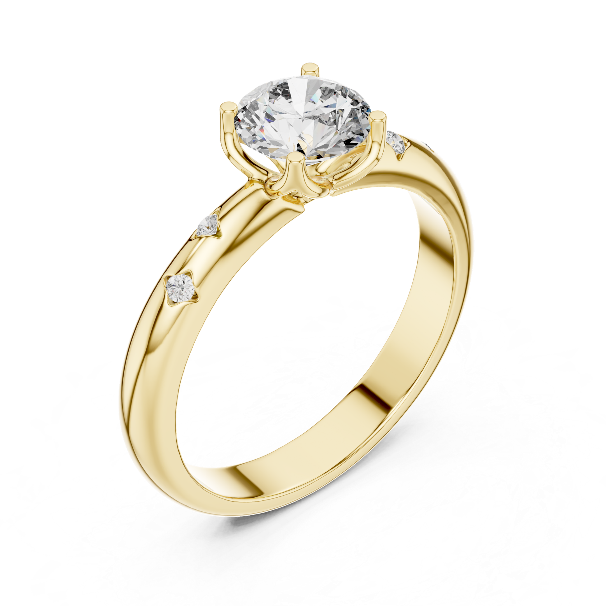 Yellow gold round diamond solitaire ring side profile
Side angle yellow gold diamond engagement ring
Round diamond ring with accent diamond band
Yellow gold solitaire ring side view close up
Four prong round diamond ring profile design
Yellow gold ring with scattered diamond accents
Elegant round diamond ring in yellow gold
Fine jewelry solitaire ring side angle view
Polished yellow gold diamond ring profile shot
Yellow gold engagement ring with accent stones
