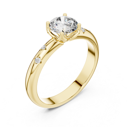 Yellow gold round diamond solitaire ring side profile
Side angle yellow gold diamond engagement ring
Round diamond ring with accent diamond band
Yellow gold solitaire ring side view close up
Four prong round diamond ring profile design
Yellow gold ring with scattered diamond accents
Elegant round diamond ring in yellow gold
Fine jewelry solitaire ring side angle view
Polished yellow gold diamond ring profile shot
Yellow gold engagement ring with accent stones