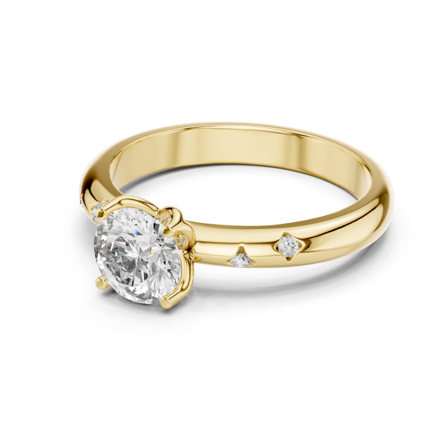 Yellow gold round diamond solitaire ring side view
Side view round cut diamond ring in yellow gold
Yellow gold solitaire ring with accent diamonds
Round diamond engagement ring side profile
Four prong round diamond ring in yellow gold
Yellow gold ring with scattered diamond accents
Elegant round diamond solitaire ring side angle
Fine jewelry yellow gold diamond ring close up
Polished yellow gold ring with round diamond
Yellow gold solitaire ring with accent stone band