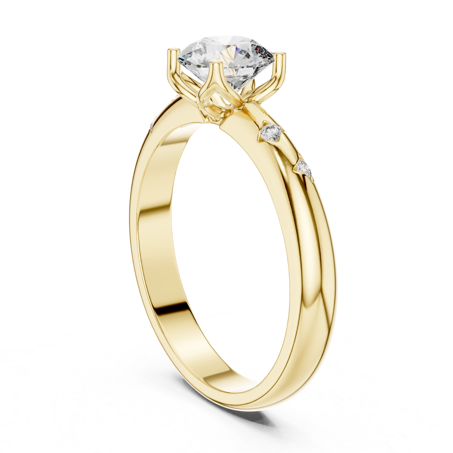 Yellow gold round diamond solitaire ring with accent diamonds
Round cut diamond engagement ring in yellow gold
Yellow gold solitaire ring with scattered diamond accents
Elegant round diamond ring with polished gold band
Four prong round diamond ring in yellow gold
Yellow gold engagement ring with round center diamond
Fine jewelry round diamond solitaire ring close up
Yellow gold ring with accent diamond details
Classic solitaire diamond ring in yellow gold
Yellow gold round diamond ring angled view