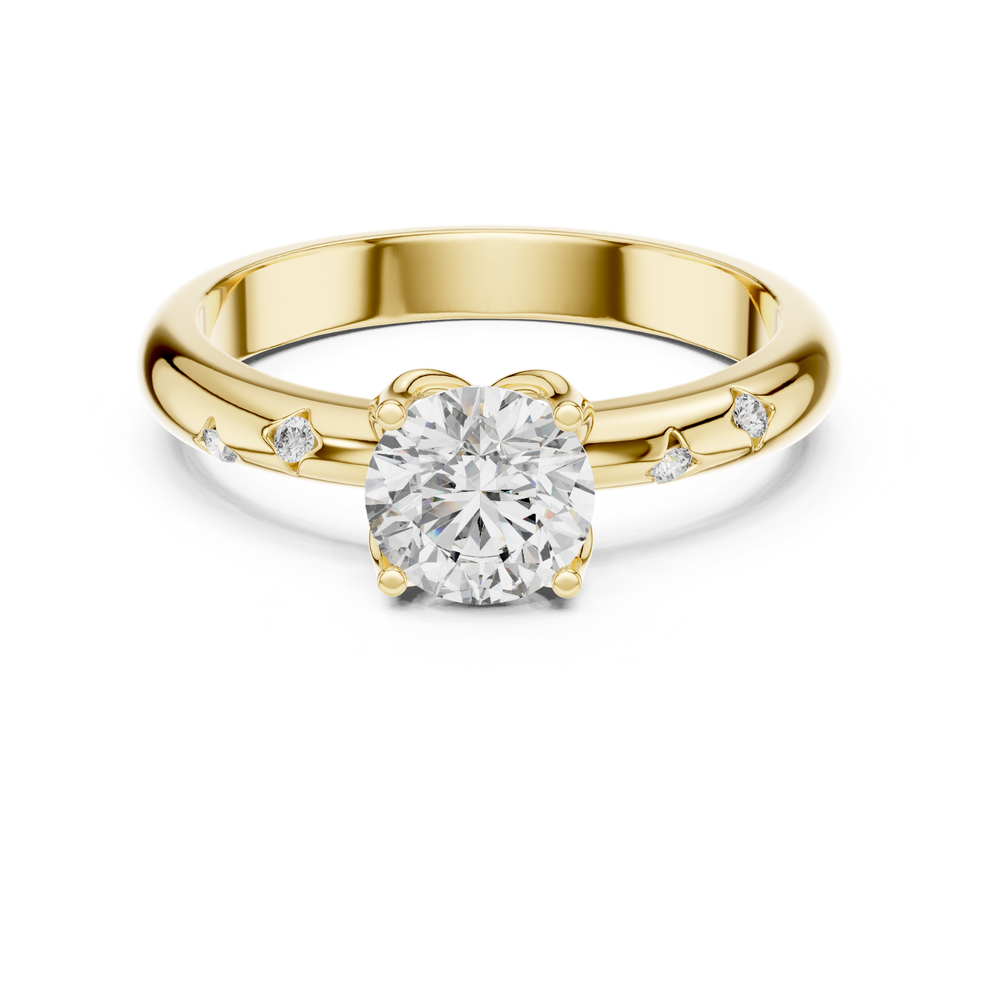 Yellow gold round diamond solitaire ring with stones
Round cut diamond ring in yellow gold
Classic yellow gold solitaire ring with diamonds
Four prong round diamond ring in gold
Minimal yellow gold diamond solitaire ring for women
Elegant round diamond ring with stone band
Yellow gold ring with round center diamond
Fine jewelry round diamond solitaire ring close up
Polished yellow gold ring with brilliant diamond
Yellow gold diamond ring with scattered stones on band