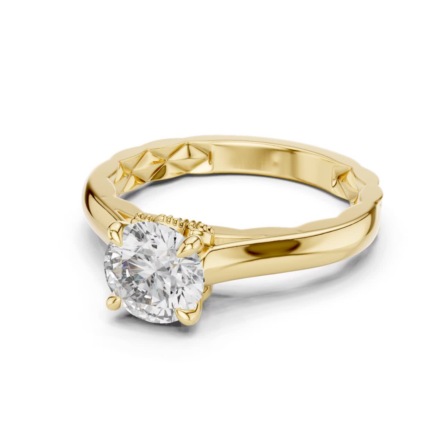 Angled view round solitaire diamond engagement ring
Yellow gold round solitaire diamond ring
Four prong round brilliant diamond ring
Classic round solitaire diamond engagement ring
Yellow gold round diamond ring angled profile
Round brilliant diamond ring with plain band
Minimalist round solitaire diamond ring design
Polished yellow gold round diamond ring
Angled round cut diamond ring with four prongs
Classic yellow gold solitaire diamond ring