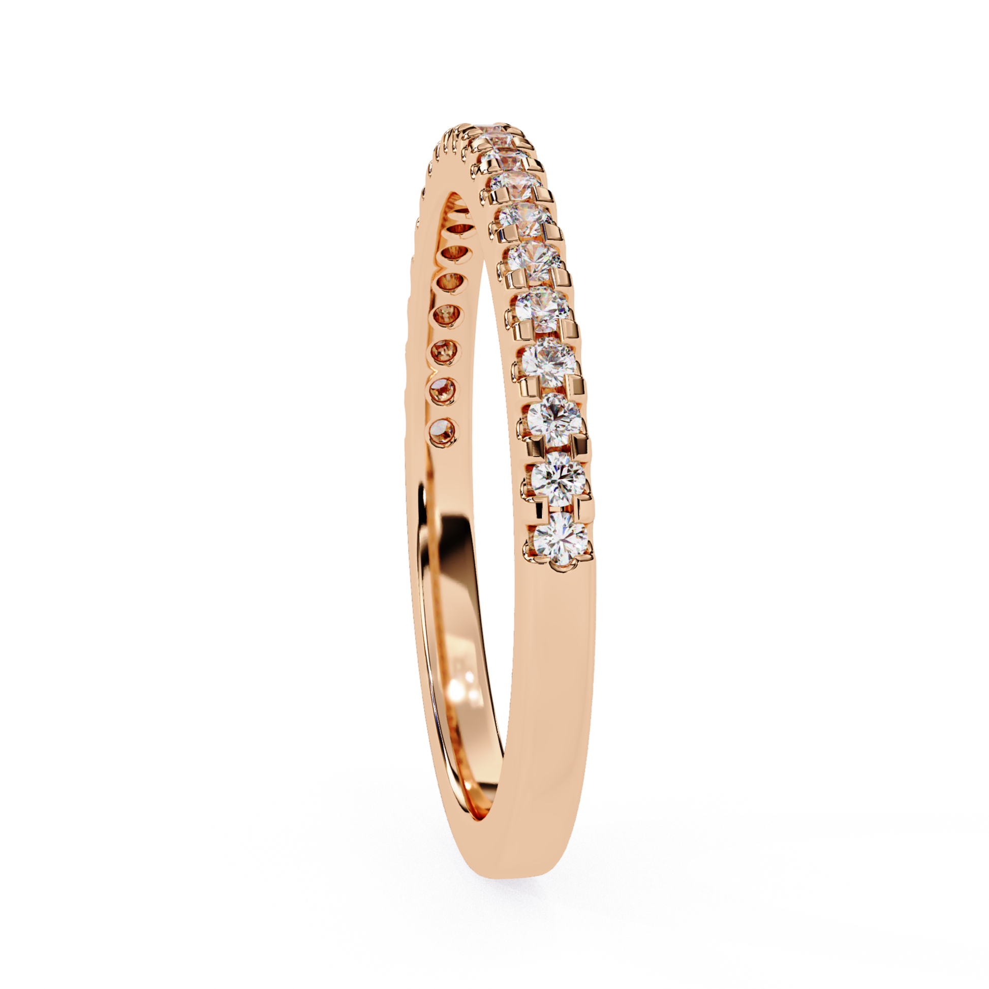 Side view of round diamond half eternity band in rose gold