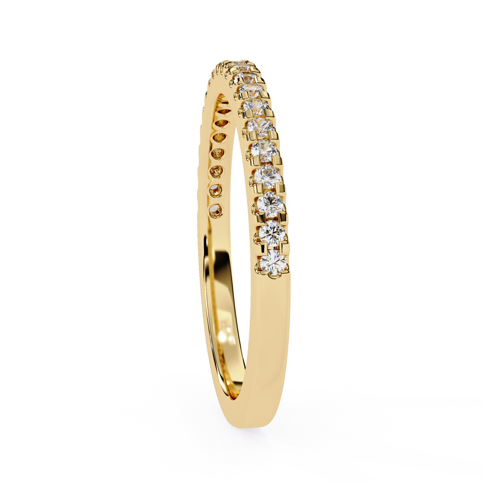 Side view of round diamond half eternity band in yellow gold