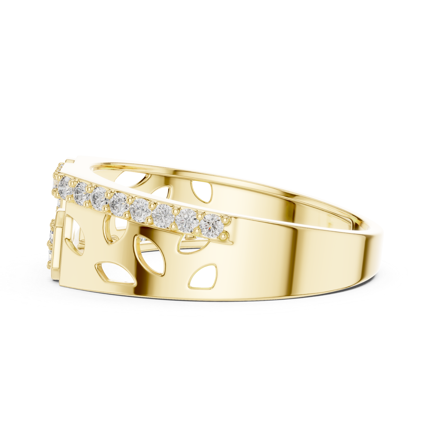 Side profile diamond border yellow gold ring
Yellow gold band with diamond edge detailing
Openwork yellow gold ring from side view
Diamond lined yellow gold band with cutouts
Geometric yellow gold ring with diamond border
Wide yellow gold band featuring open gallery design
Contemporary yellow gold ring with diamond row
Architectural yellow gold band from side angle
Structured yellow gold ring with openwork pattern
Yellow gold diamond border band side view