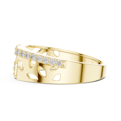 Side profile diamond border yellow gold ring
Yellow gold band with diamond edge detailing
Openwork yellow gold ring from side view
Diamond lined yellow gold band with cutouts
Geometric yellow gold ring with diamond border
Wide yellow gold band featuring open gallery design
Contemporary yellow gold ring with diamond row
Architectural yellow gold band from side angle
Structured yellow gold ring with openwork pattern
Yellow gold diamond border band side view
