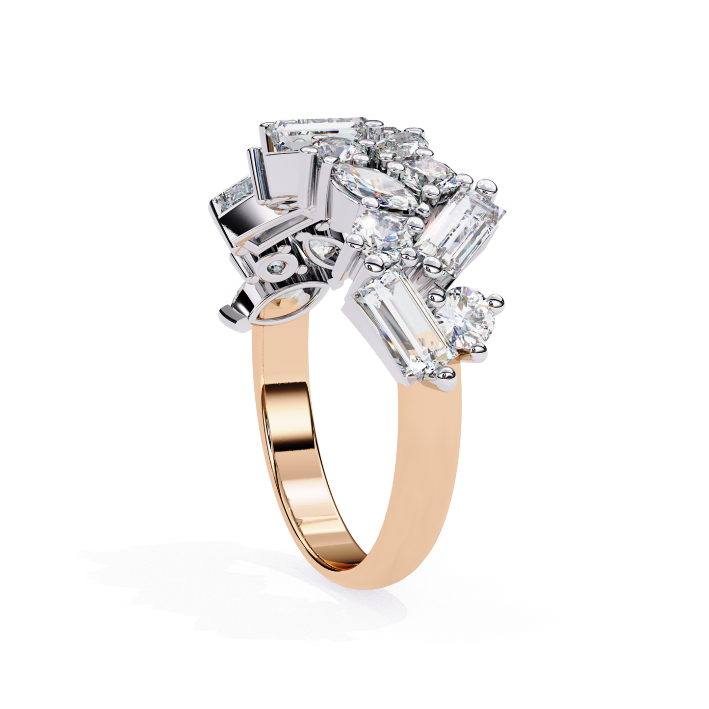 Side profile of a rose gold diamond ring, highlighting its sleek design.
