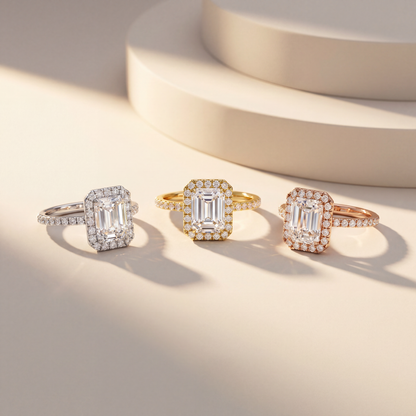 engagement ring, emerald cut ring, lab grown diamond, halo ring, yellow gold ring, emerald diamond ring, pavé ring, micro pave halo, prong setting, IGI certified, 14k gold ring, art deco ring, anniversary gift, diamond ring