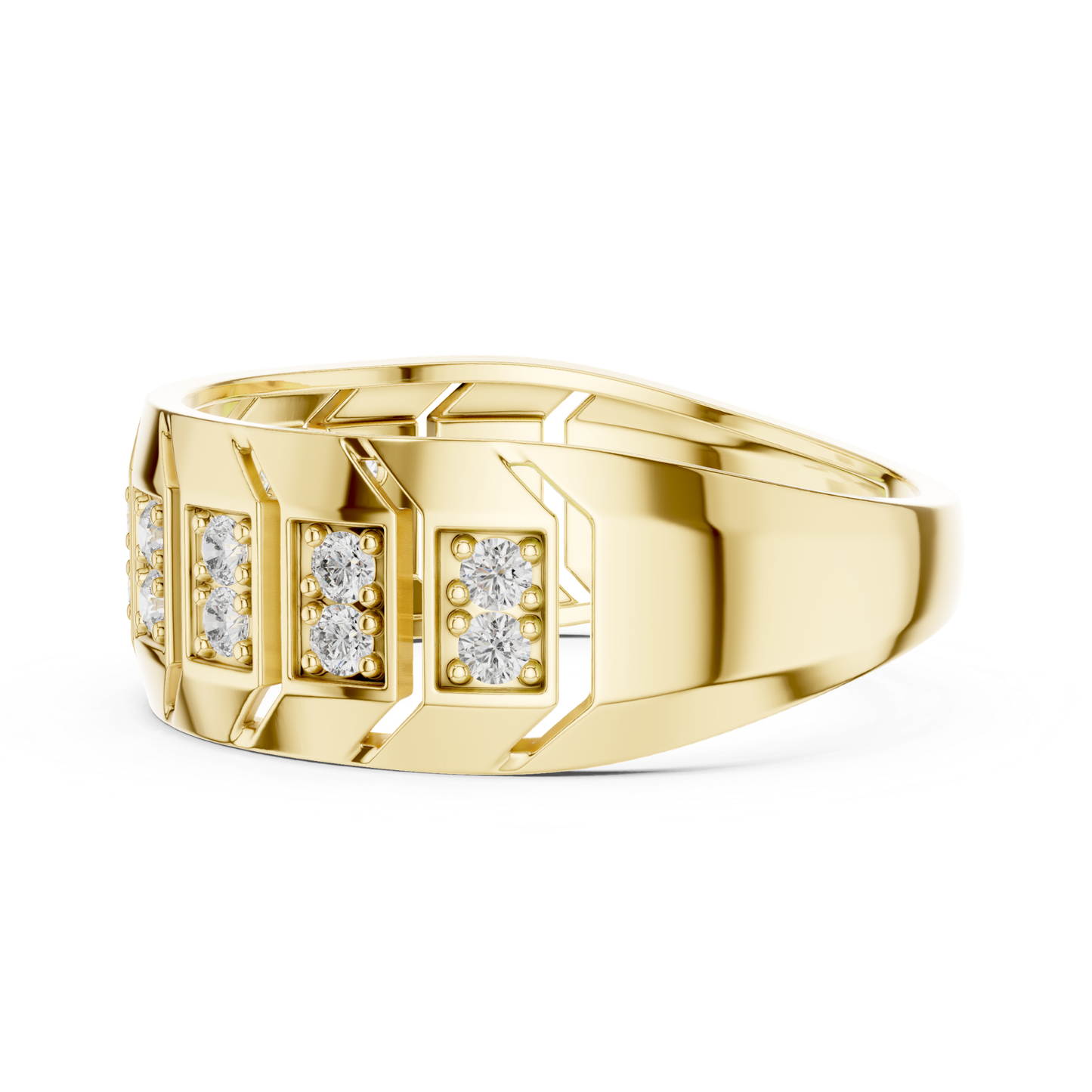 Side view round diamond yellow gold band ring
Tapered yellow gold ring with round diamonds
Round diamond yellow gold band from side angle
Wide yellow gold ring featuring round diamond rows
Geometric yellow gold band with round diamond accents
Modern yellow gold ring with paired round diamonds
Polished yellow gold band showcasing round diamonds
Contemporary round diamond yellow gold statement band
Yellow gold diamond band with tapered profile
Angular yellow gold ring with round diamond settings