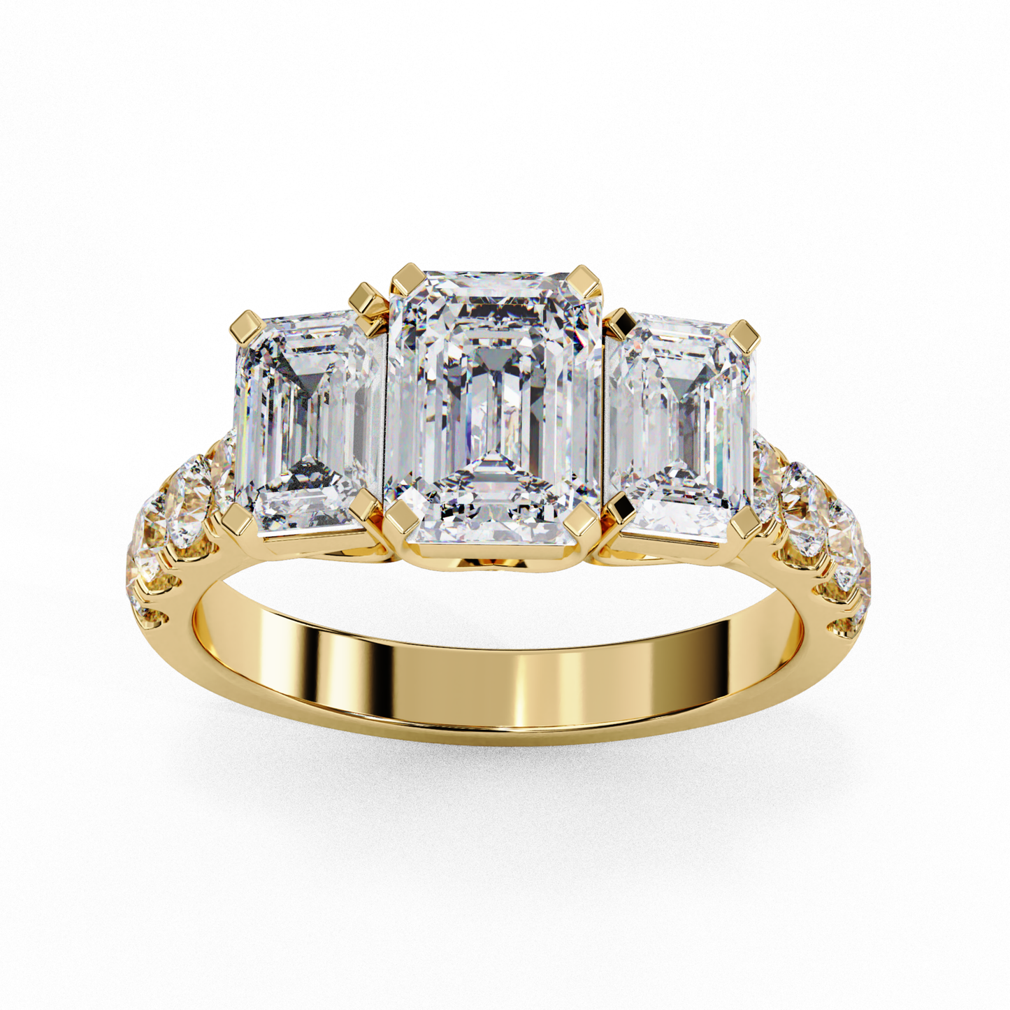 Three emerald cut diamonds
Yellow gold three stone ring
Classic three stone diamond
Emerald diamonds in gold
Side view of three stone ring
Elegant yellow gold ring
Three emerald cut diamonds with accents
Diamond ring with emerald cuts
Yellow gold band with diamonds
Three diamond emerald cut design