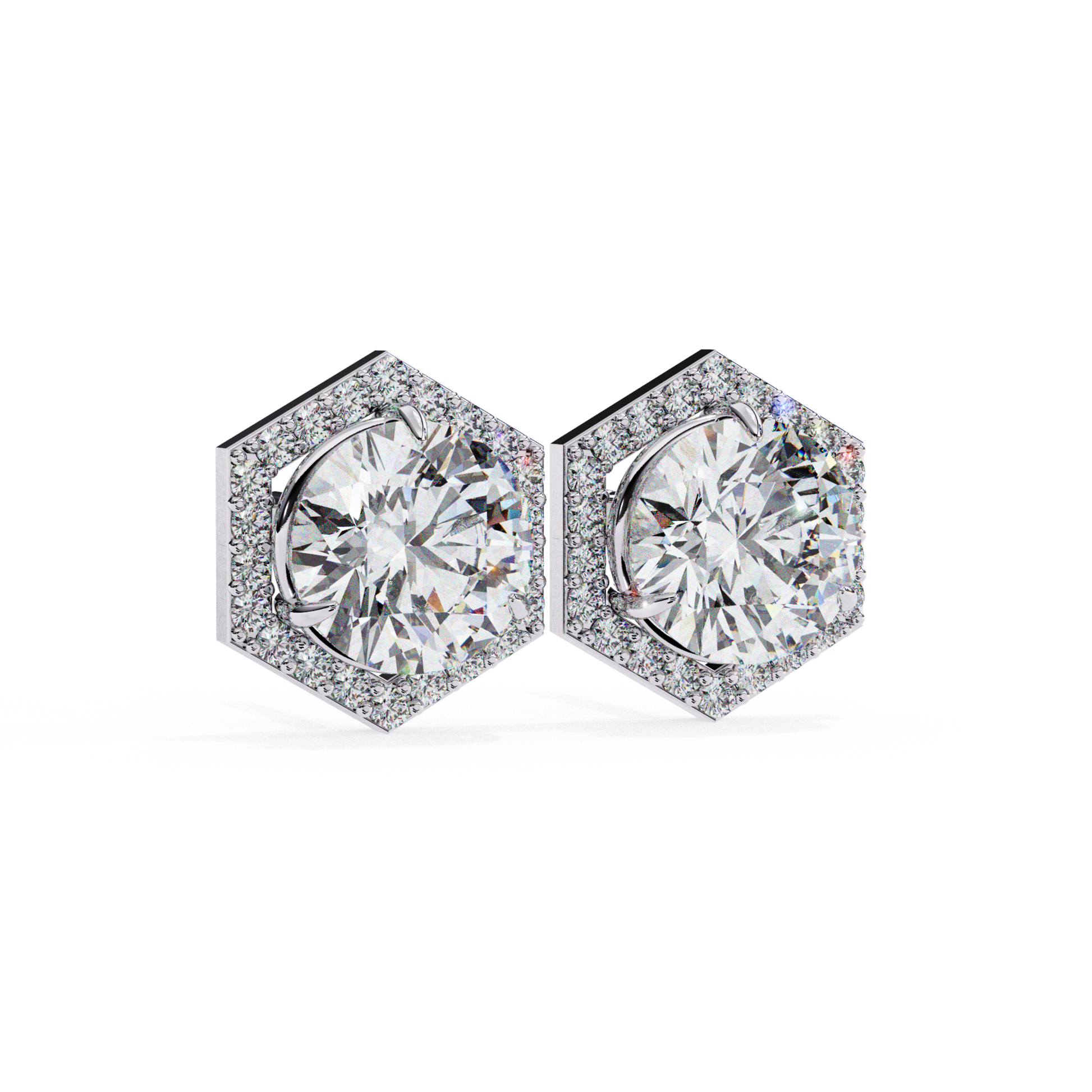 Sleek white gold hexagonal earrings with a stunning round-cut diamond in the center, surrounded by a halo of diamonds for added elegance and shine.