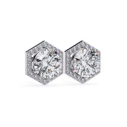 Sleek white gold hexagonal earrings with a stunning round-cut diamond in the center, surrounded by a halo of diamonds for added elegance and shine.