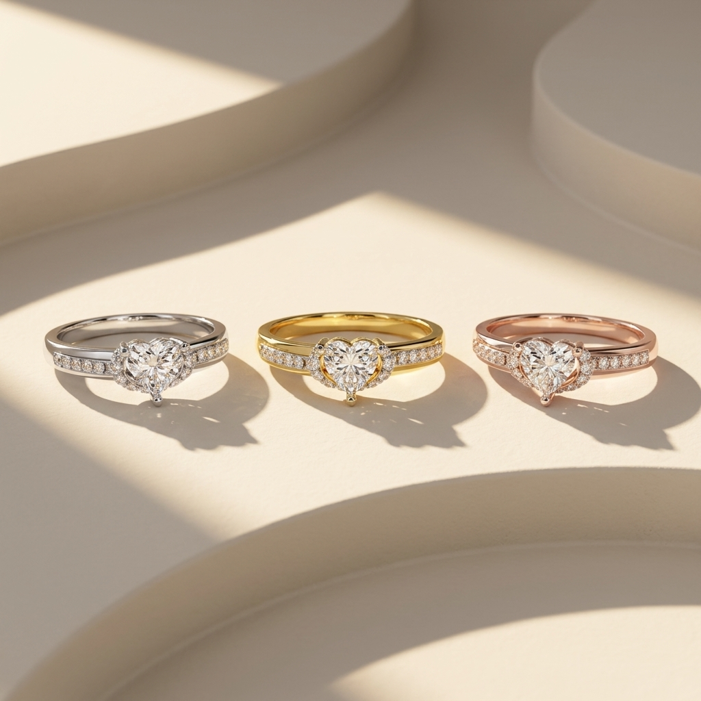White yellow and rose gold heart diamond rings with curved side accents
Three heart cut solitaire rings featuring sparkling pavé bands
Tricolor gold diamond rings centered with brilliant heart shaped stones
Elegant heart diamond ring set with crescent inspired side detailing
Radiant three tone rings showcasing luminous heart center diamonds
Fine jewelry heart rings arranged in white yellow and rose gold
Dazzling heart solitaire rings with shimmering diamond shoulder accents
Refined mixed gold rings featurin