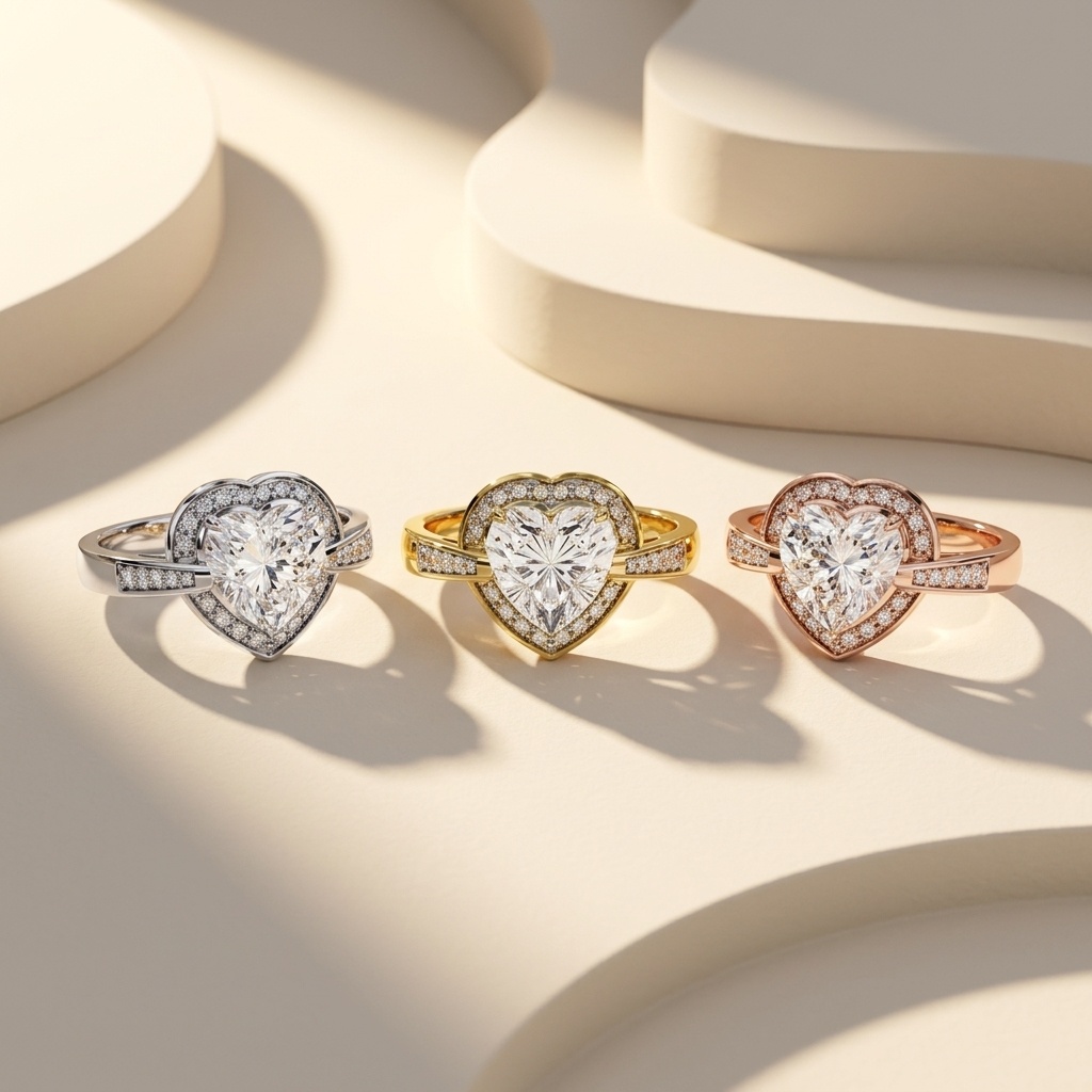 White yellow and rose gold heart diamond rings with split halo frames
Three brilliant heart cut diamond rings in contrasting gold finishes
Tricolor heart rings featuring curved pavé borders and sparkling bands
Radiant heart center stones displayed in sculpted diamond settings
Mixed gold engagement rings with bold heart shaped diamond focal points
Luxurious heart diamond trio accented by symmetrical pavé sections
Polished gold rings showcasing luminous heart gems and framed halos
Sophisticated three tone dia