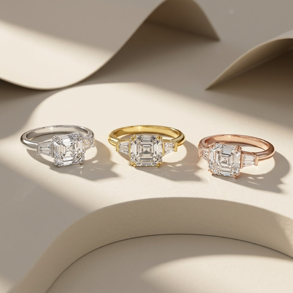 Asscher Cut Three Stone Lab Grown Diamond Engagement Ring