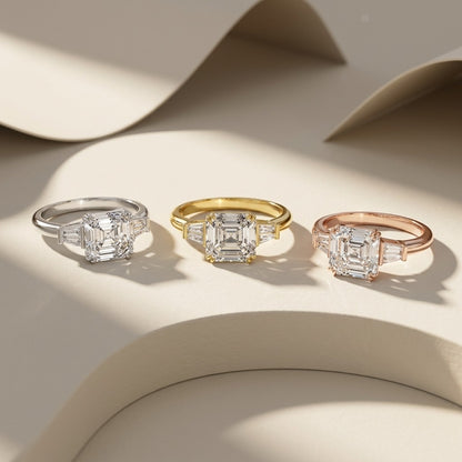 Asscher Cut Three Stone Lab Grown Diamond Engagement Ring