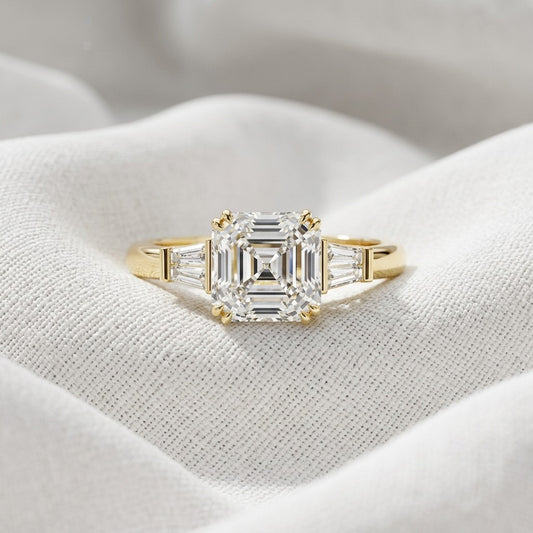 Asscher Cut Three Stone Lab Grown Diamond Engagement Ring