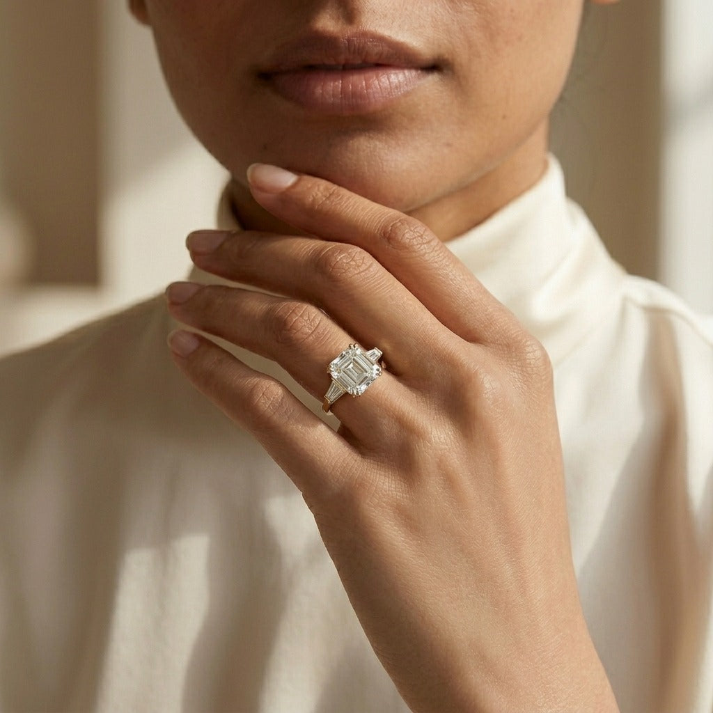 Asscher Cut Three Stone Lab Grown Diamond Engagement Ring