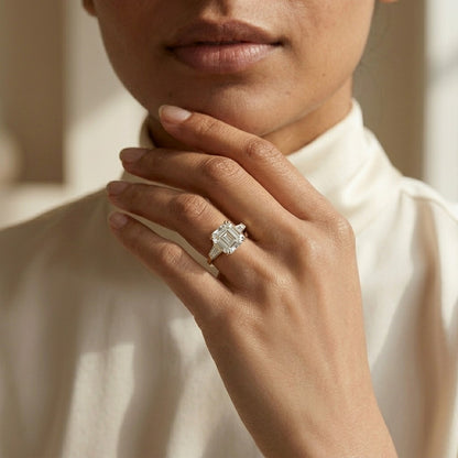 Asscher Cut Three Stone Lab Grown Diamond Engagement Ring
