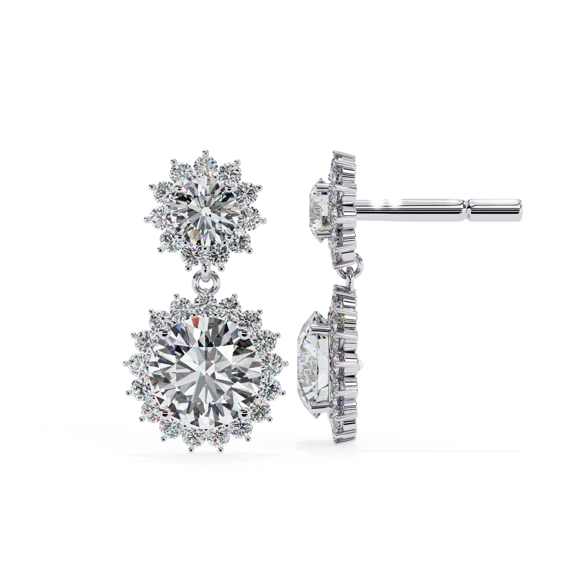Sleek white gold drop earrings with a brilliant round-cut diamond at the center, surrounded by a halo of smaller diamonds for a sophisticated, timeless appearance.