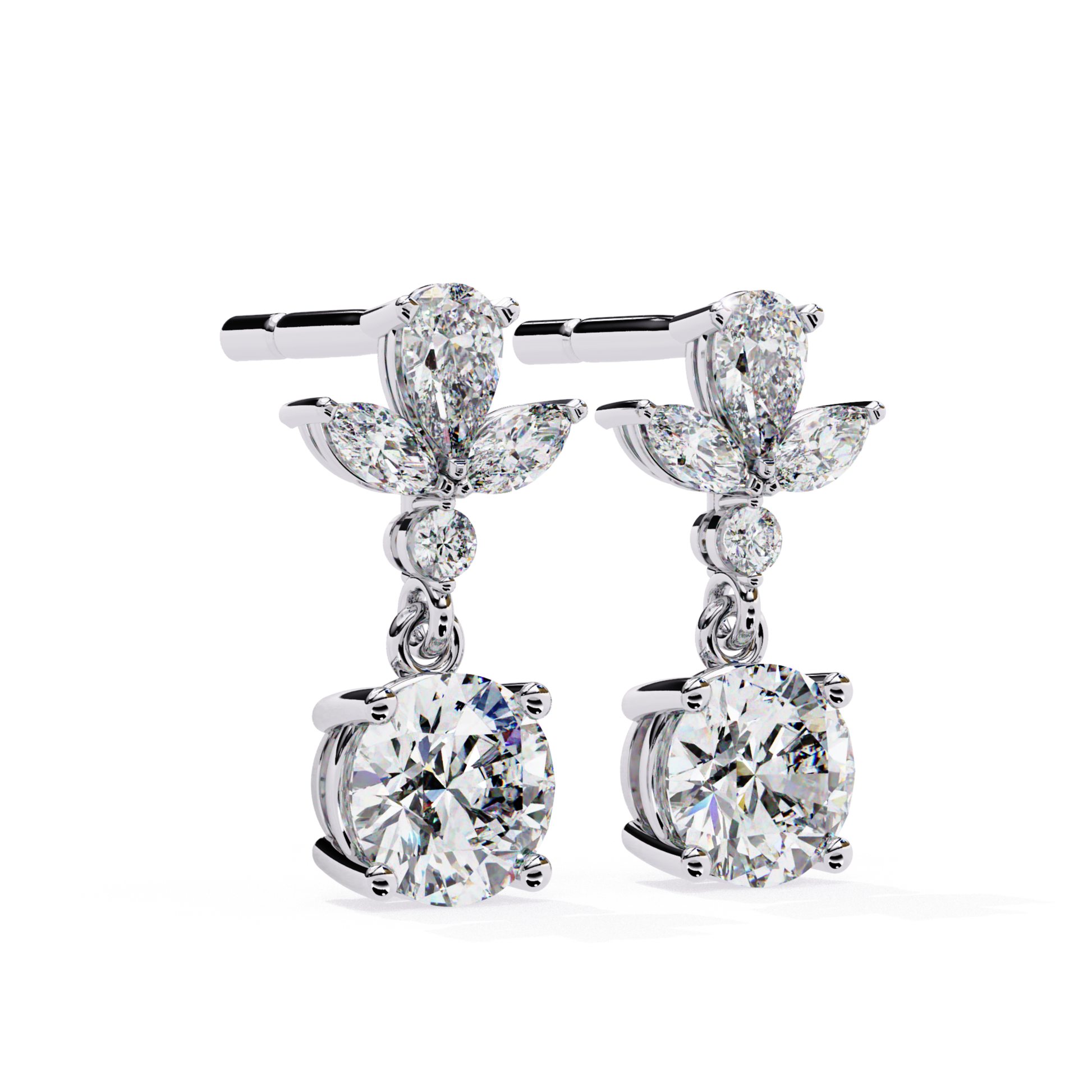Sophisticated white gold drop earrings featuring a brilliant round diamond, paired with pear-shaped diamonds in a leaf arrangement for a timeless, graceful look.