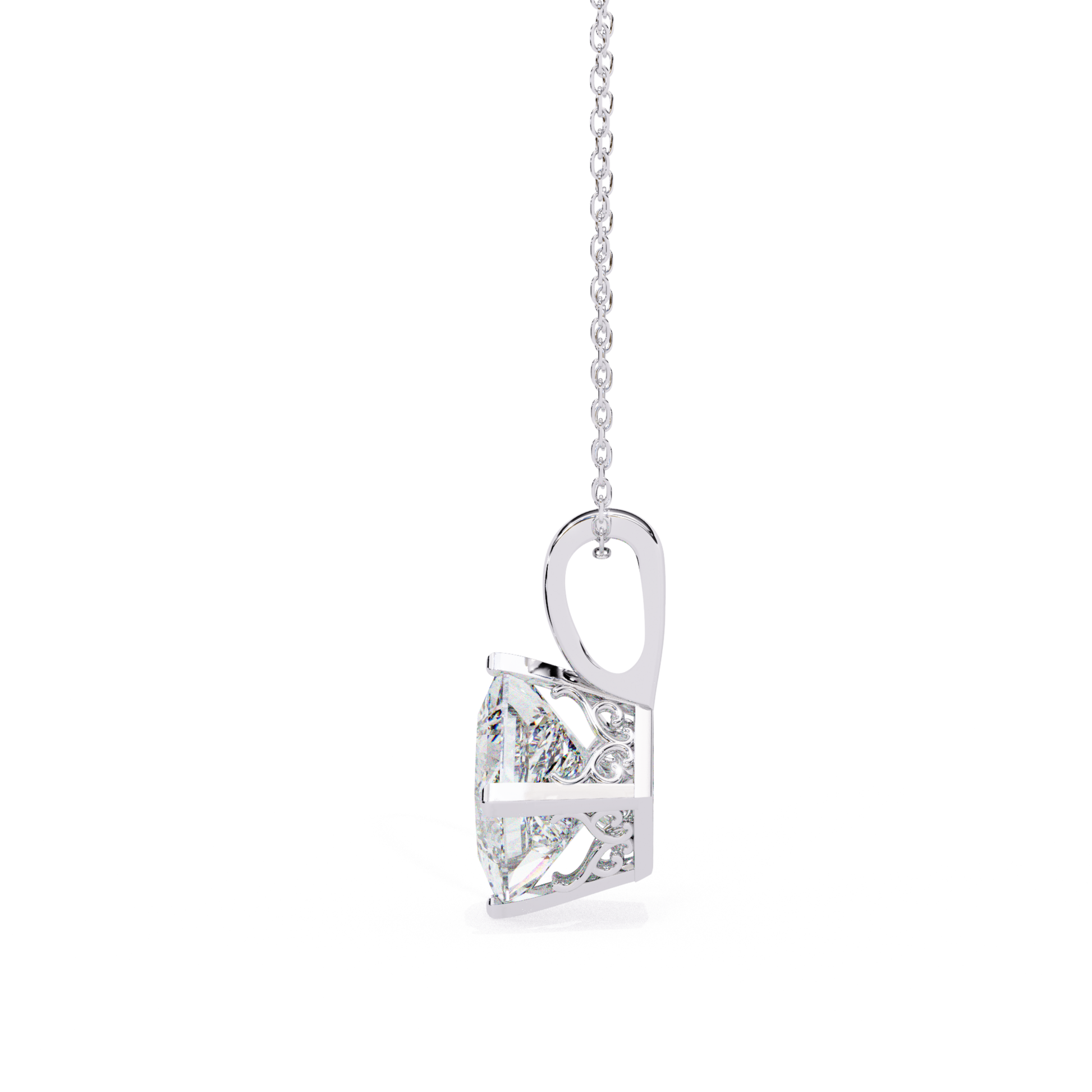 Side view of a white pendant with a large diamond and chain.