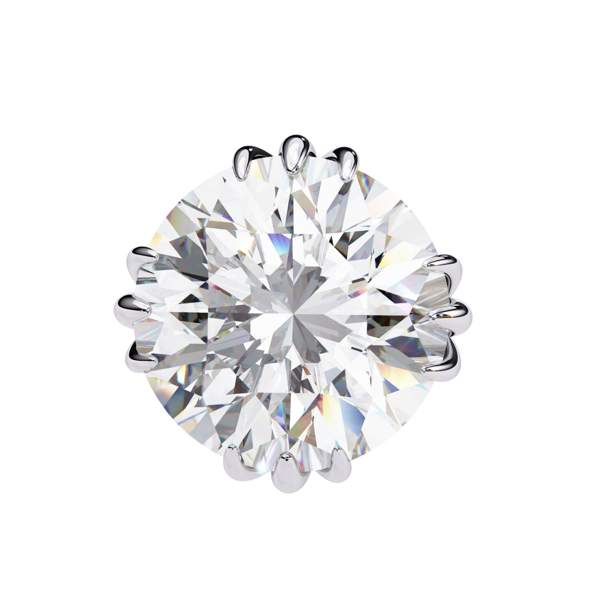 A close-up view of an exquisite white gold solitaire earring with a sparkling round-cut diamond, designed with a six-prong setting for a sleek and sophisticated look.