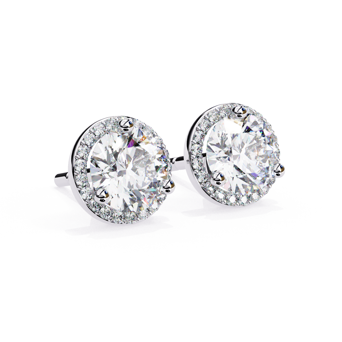 White gold stud earrings with round diamond halo frame